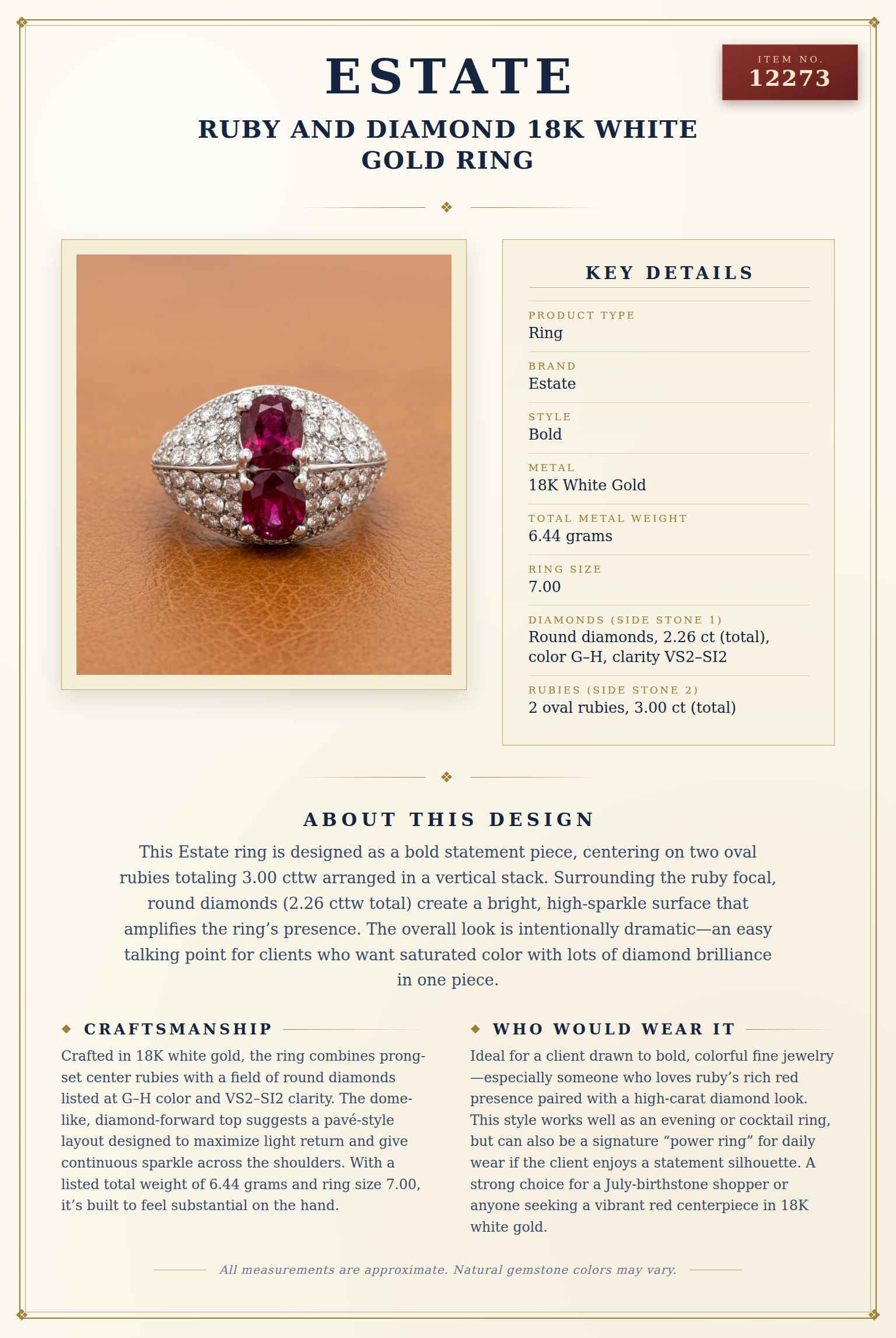 Ruby and Diamond 18K White Gold Ring — anatomy card