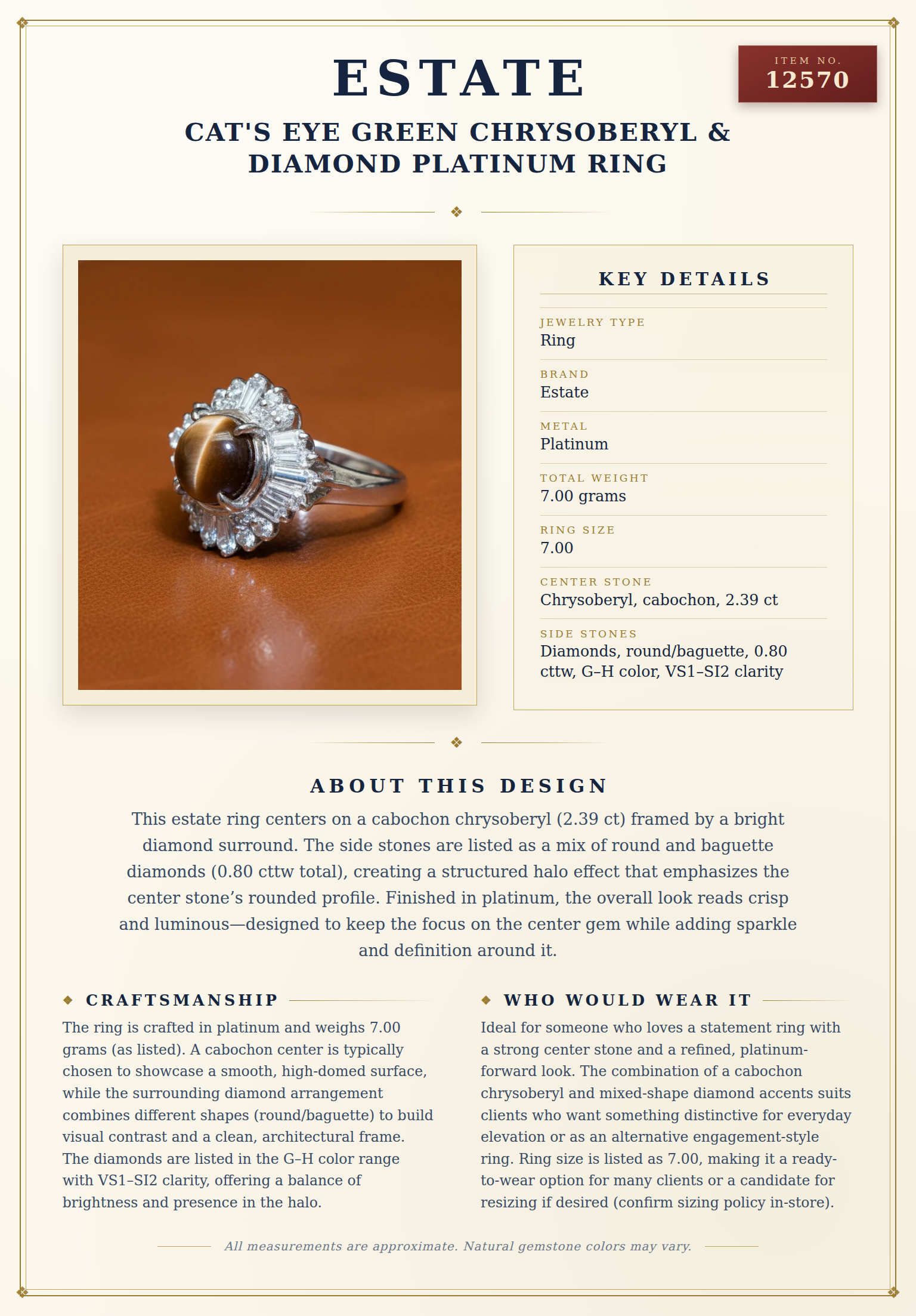 Cat's Eye Chrysoberyl & Diamond Platinum Ring — anatomy card