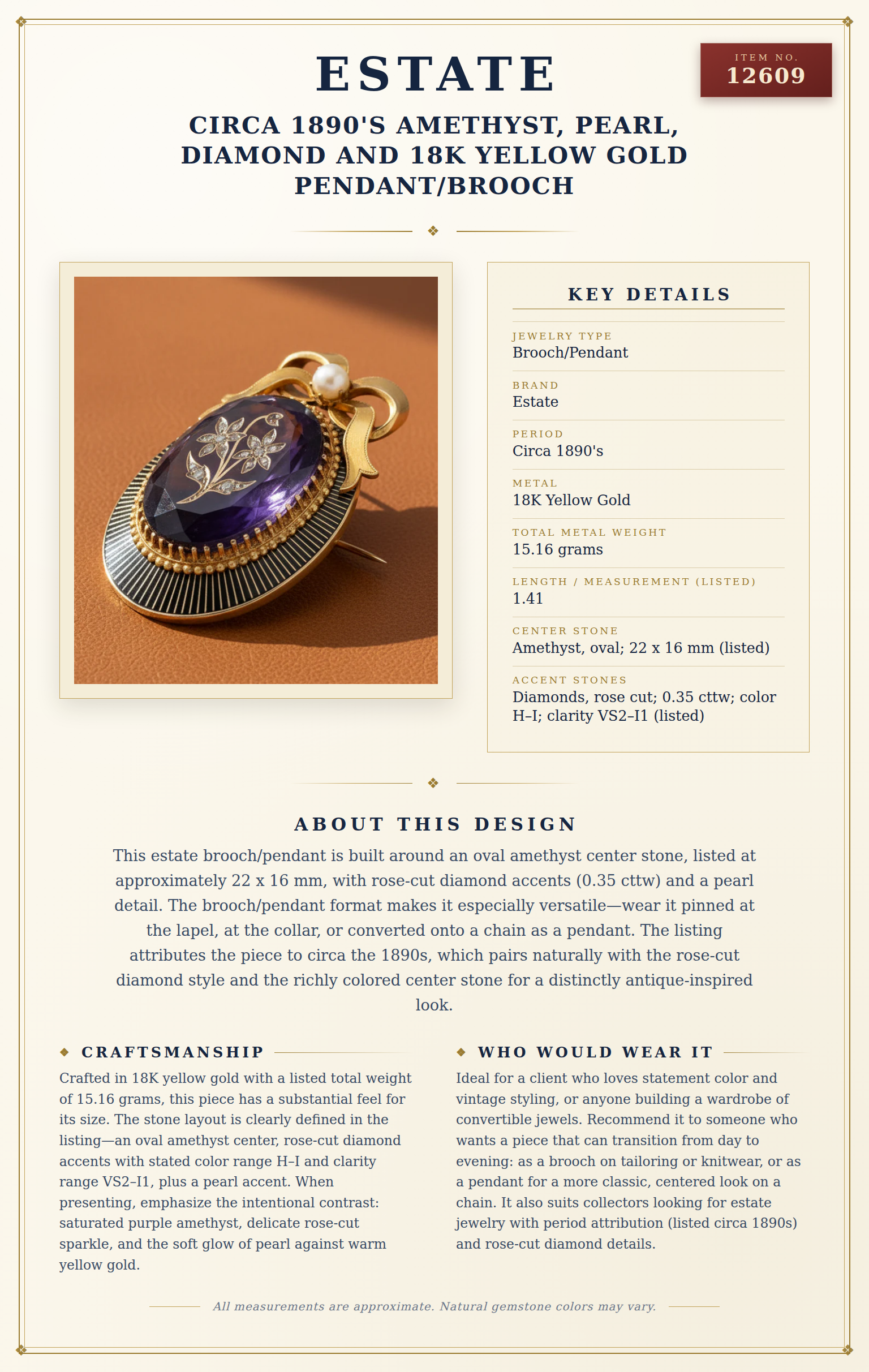 Circa 1890's Amethyst, Pearl, Diamond and 18K Yellow Gold Pendant/Brooch — anatomy card