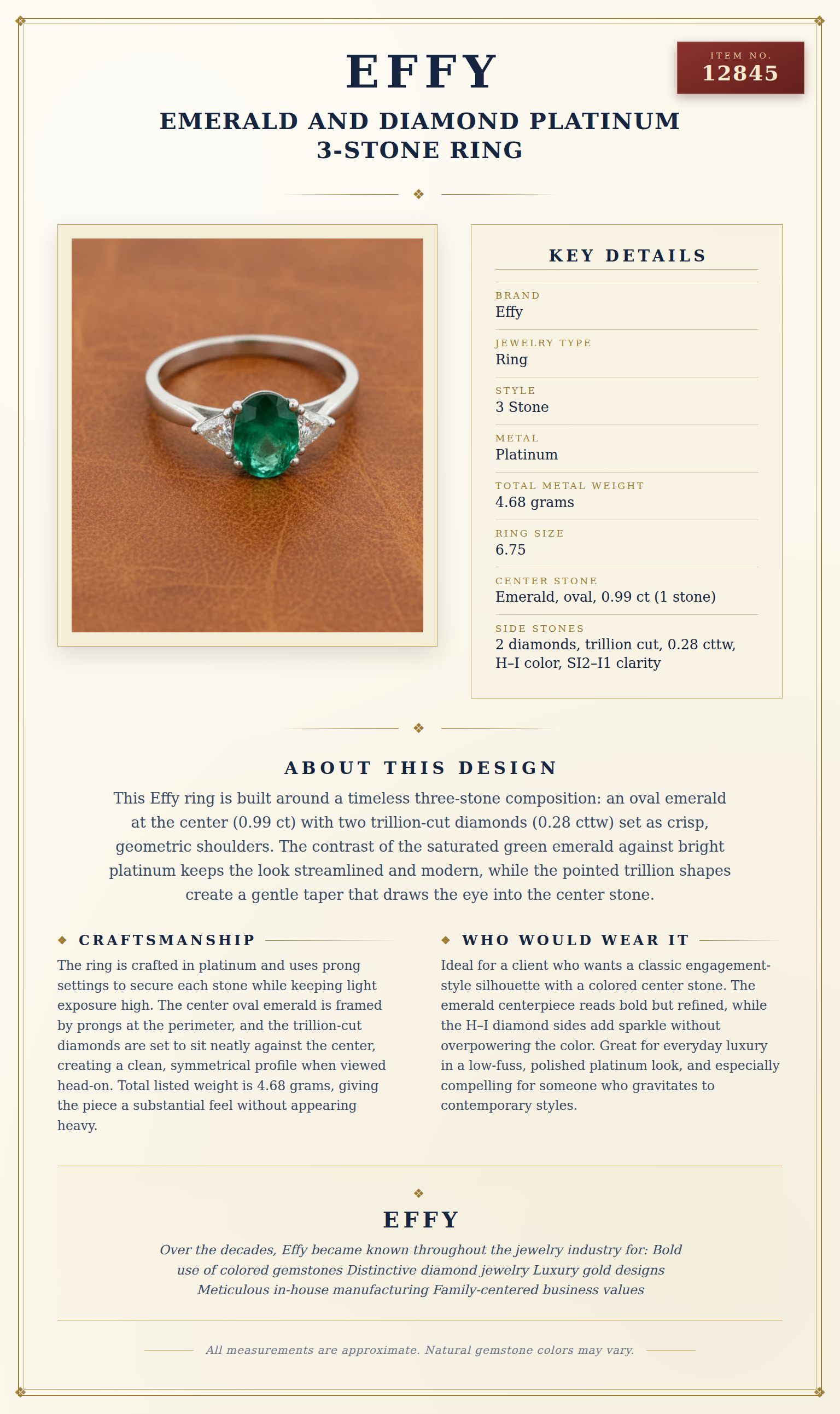 Effy Emerald and Diamond Platinum 3-Stone Ring — anatomy card