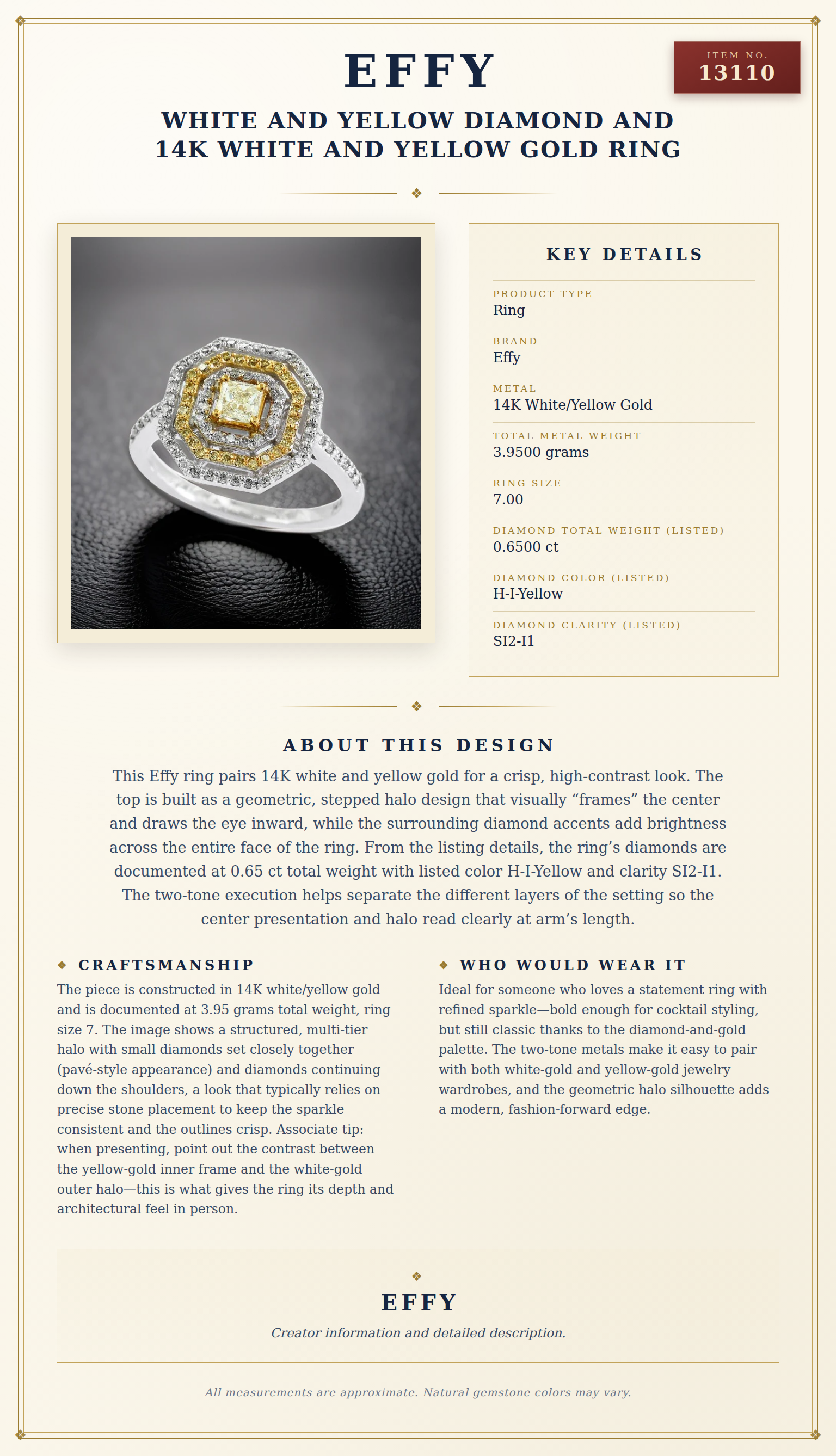 Effy White and Yellow Diamond and 14K White and Yellow Gold Ring — anatomy card