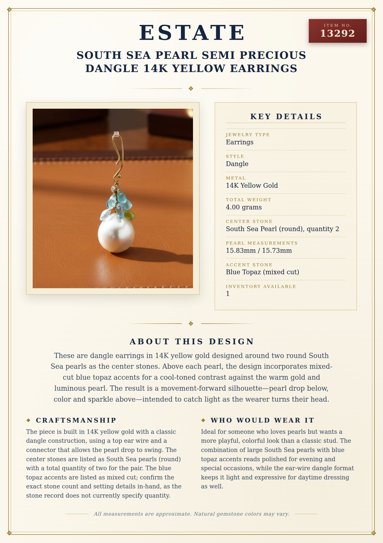 South Sea Pearl Semi Precious Dangle 14K Yellow Earrings — anatomy card