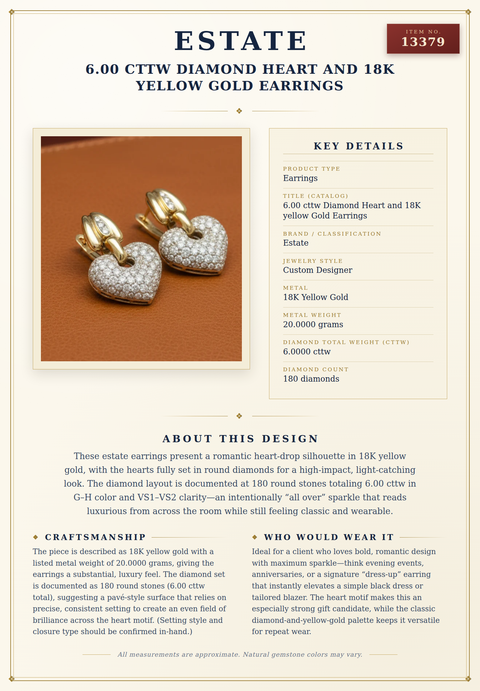 6.00 cttw Diamond Heart and 18K yellow Gold Earrings — anatomy card