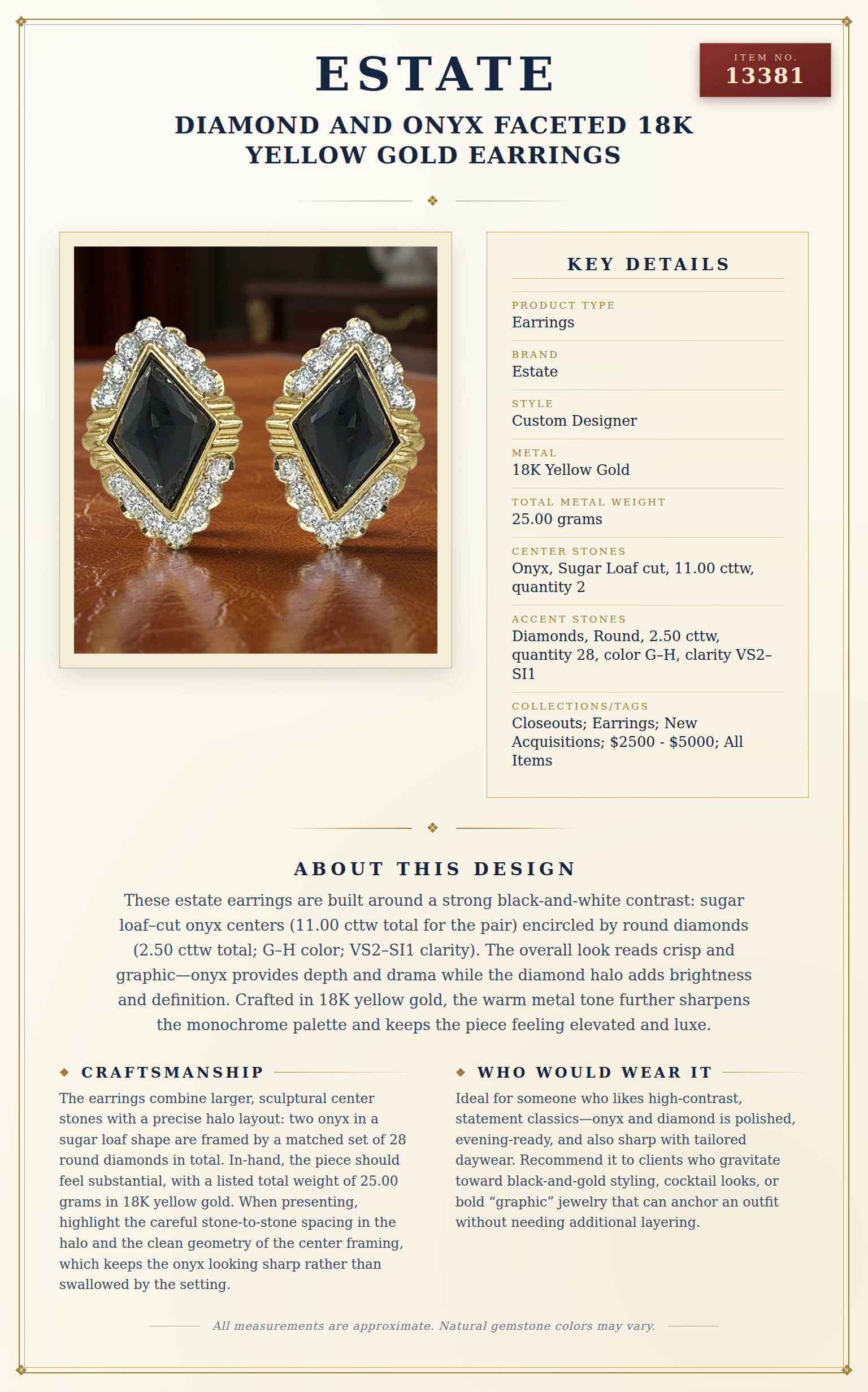 Diamond and Onyx Faceted 18K yellow Gold Earrings — anatomy card