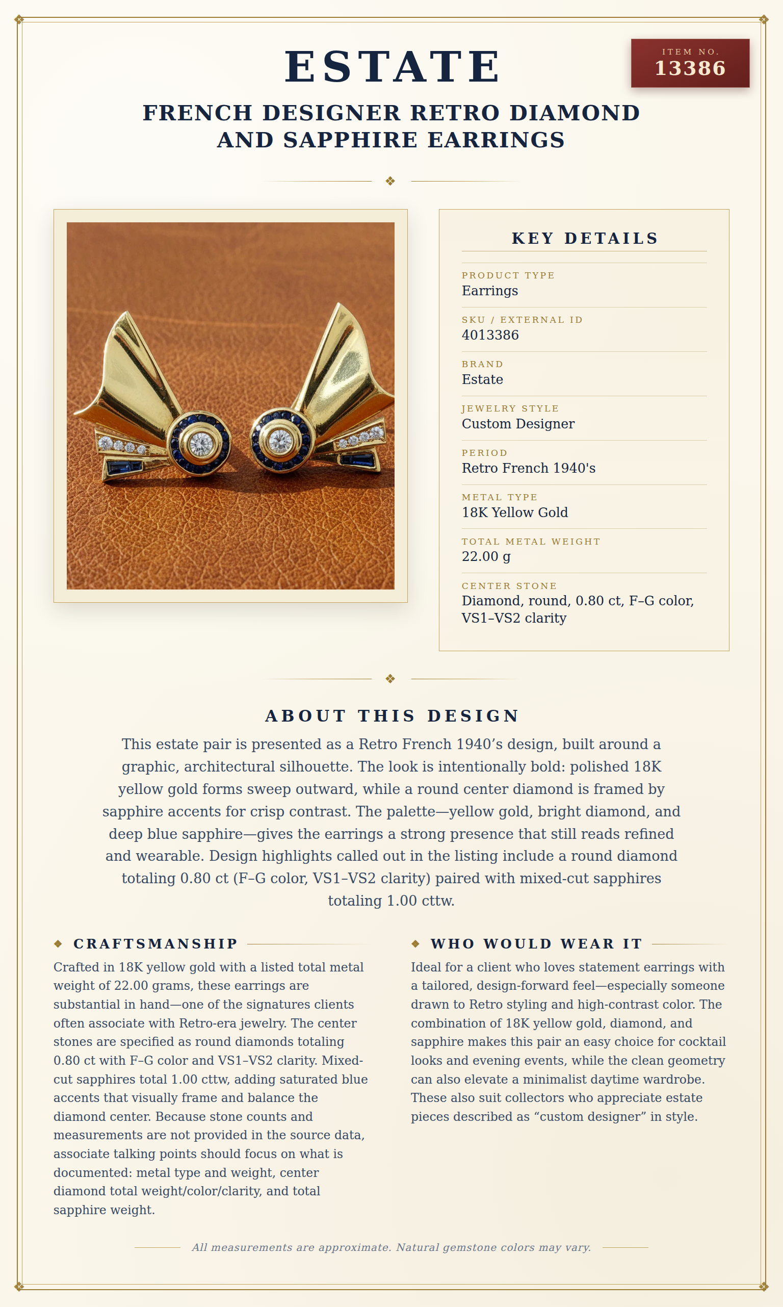 French Designer Retro Diamond and Sapphire Earrings — anatomy card