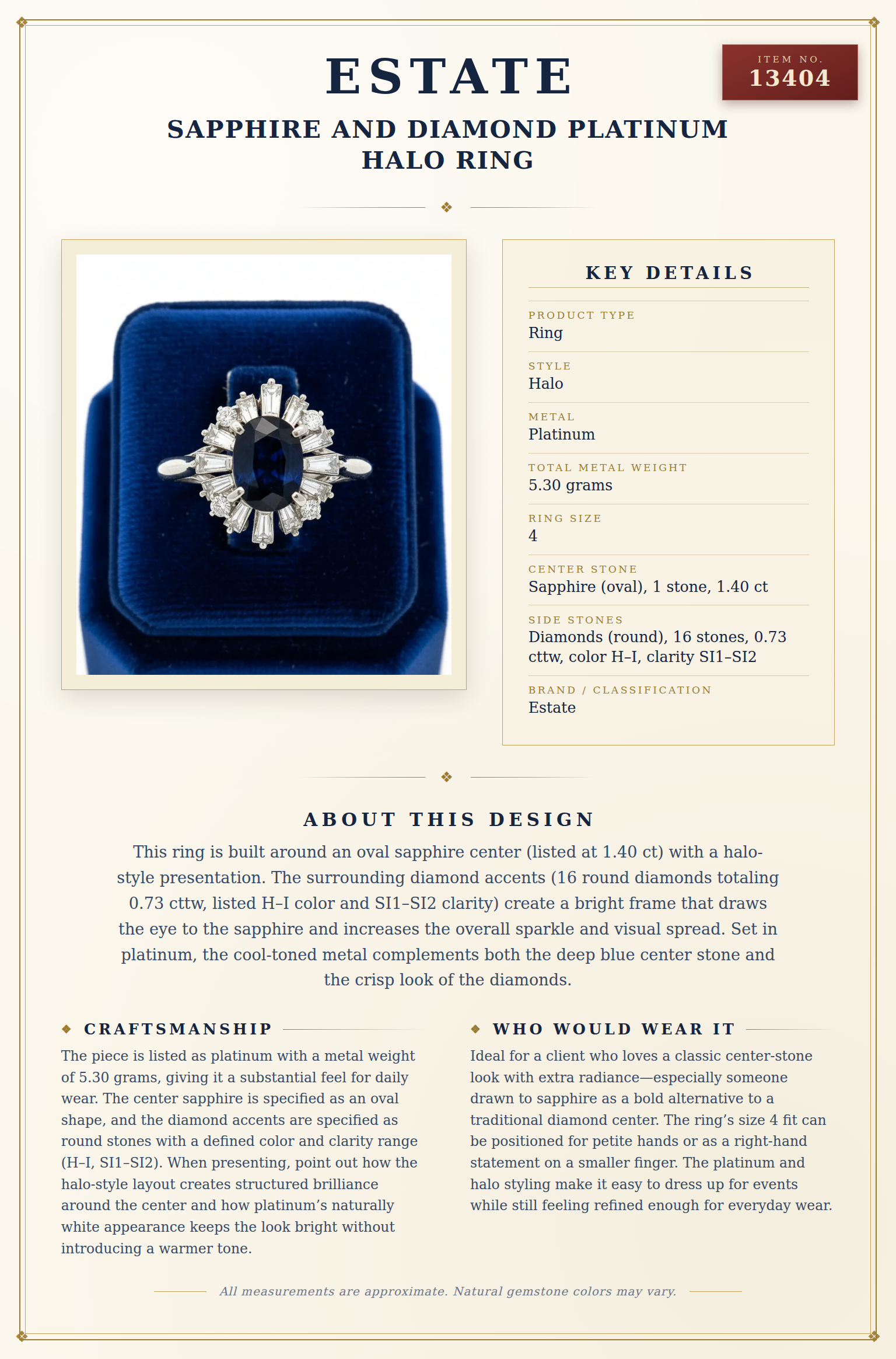 Sapphire and Diamond Platinum Halo Ring — anatomy card
