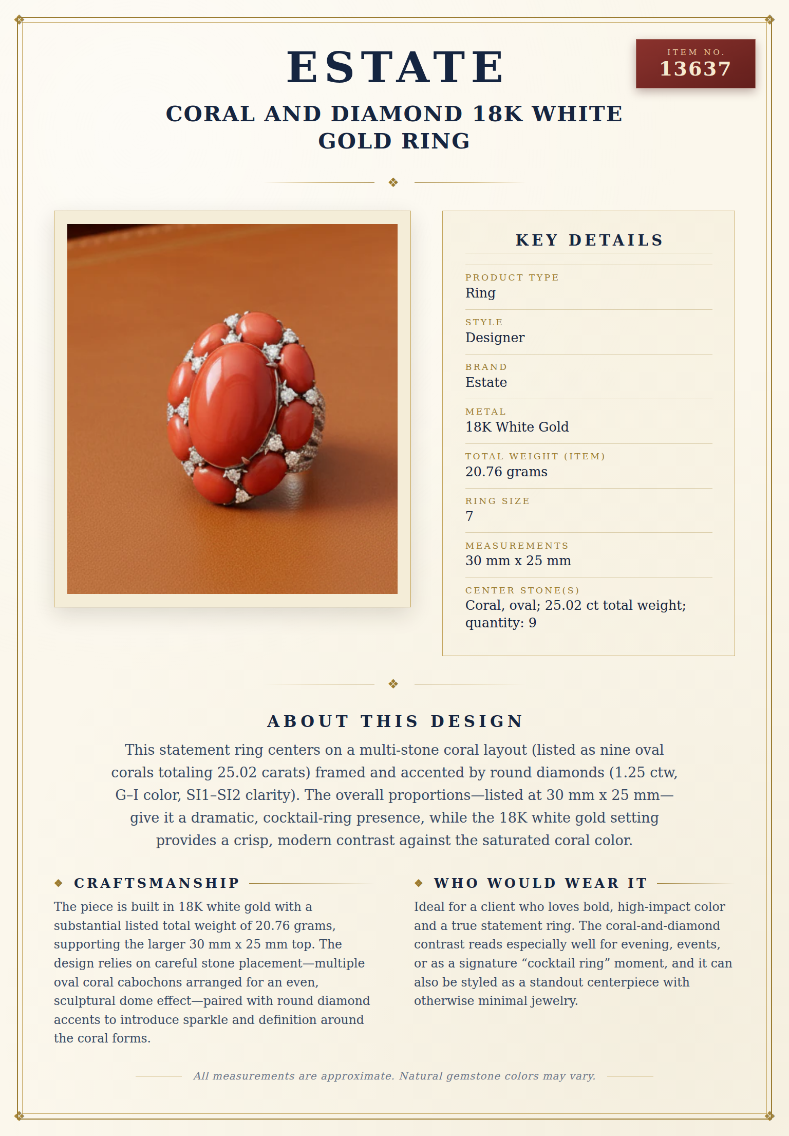 Coral and Diamond 18K White Gold Ring — anatomy card