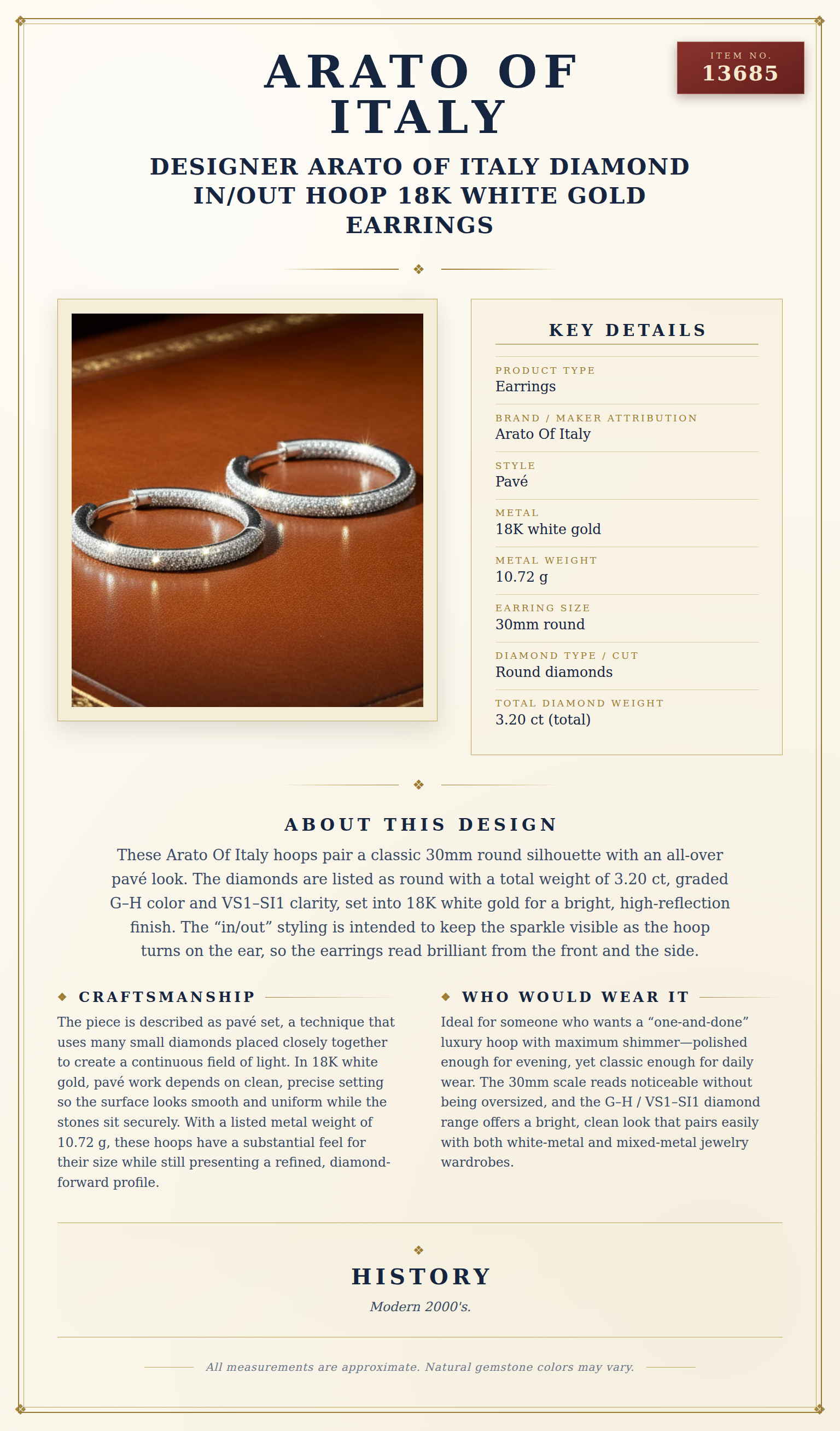Designer Arato Of Italy Diamond In/Out Hoop 18K White Gold Earrings — anatomy card