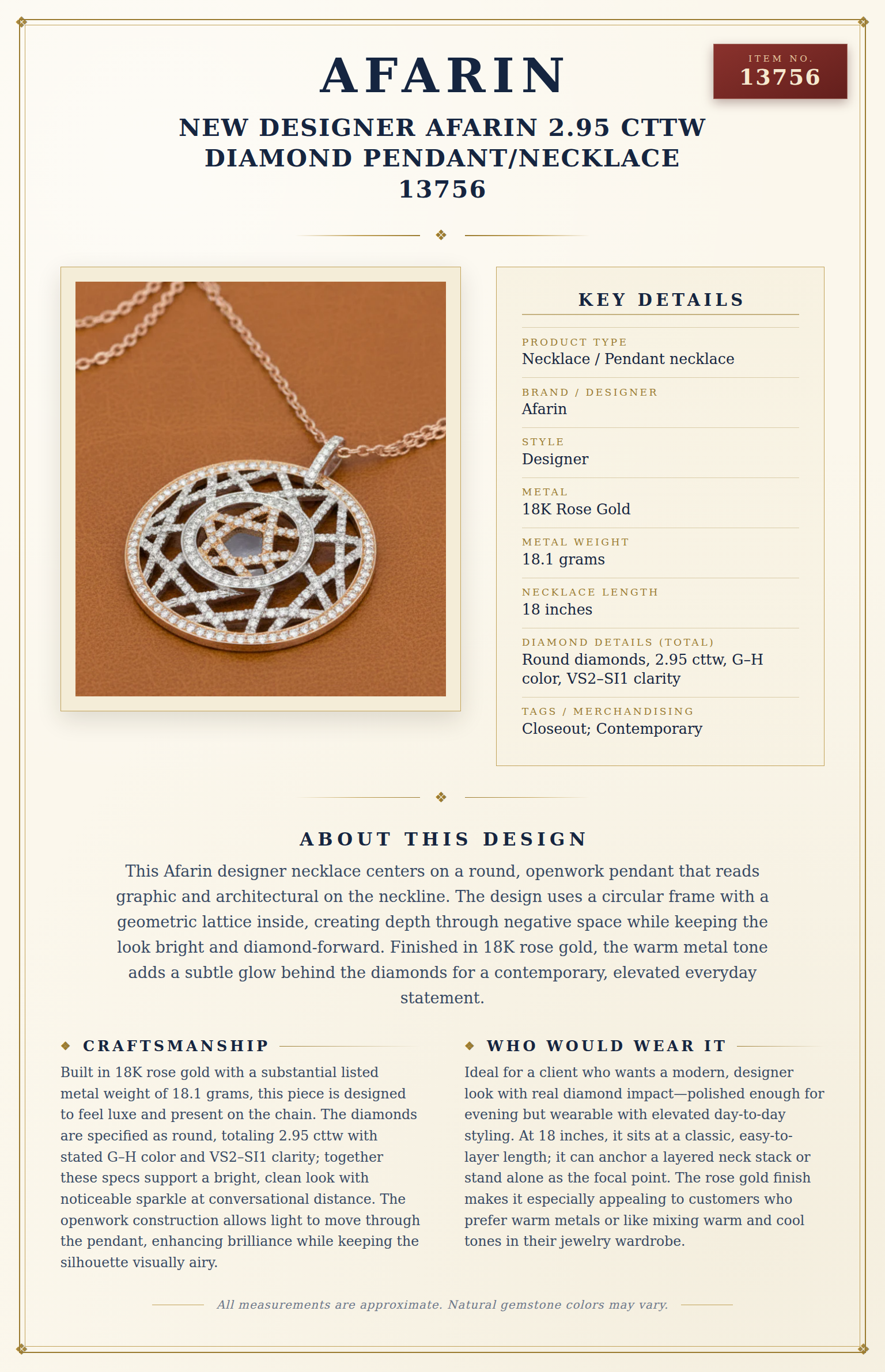 New Designer Afarin 2.95 cttw Diamond Pendant/Necklace 13756 — anatomy card