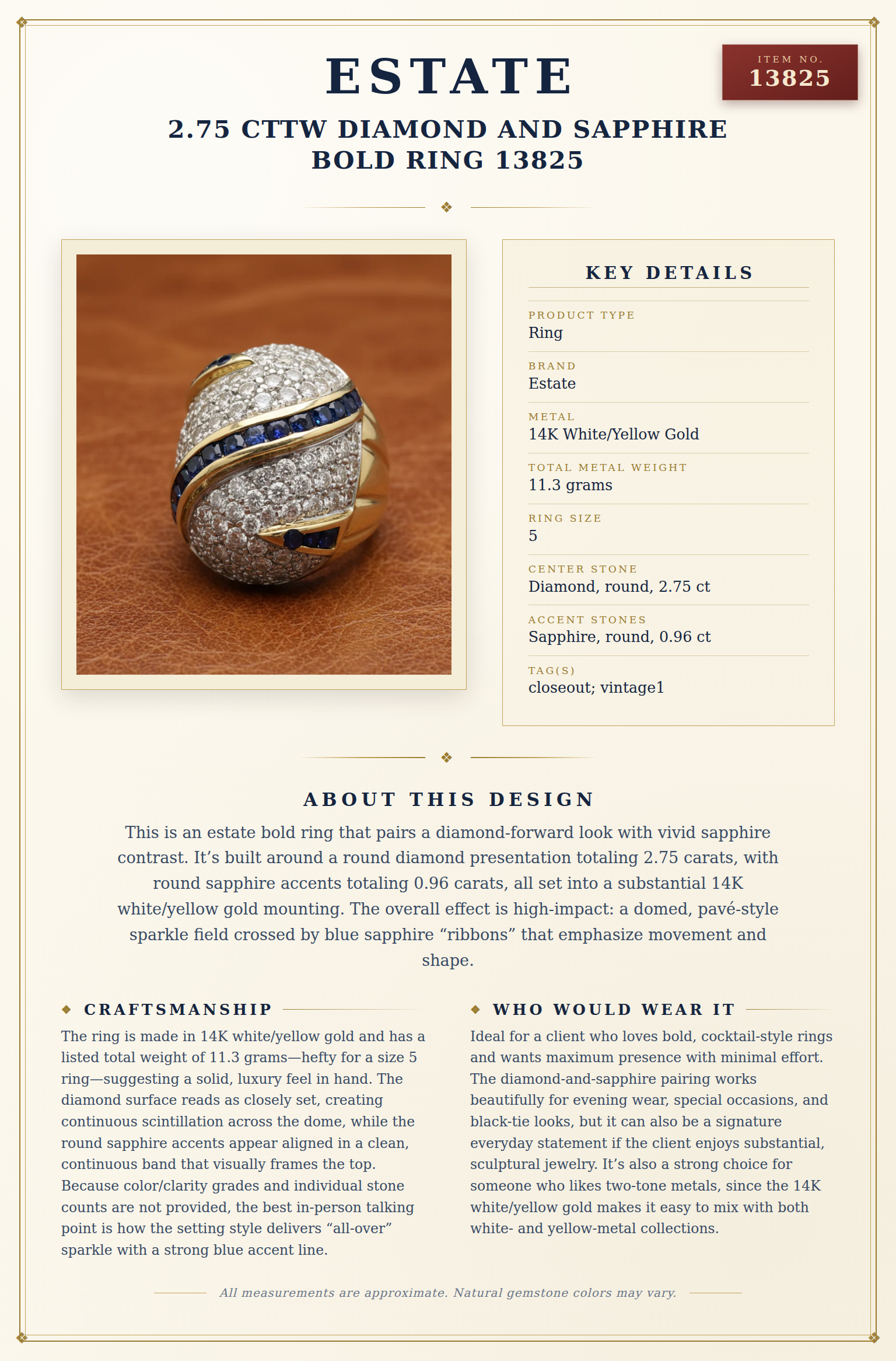 Estate 2.75 cttw Diamond and Sapphire Bold Ring 13825 — anatomy card