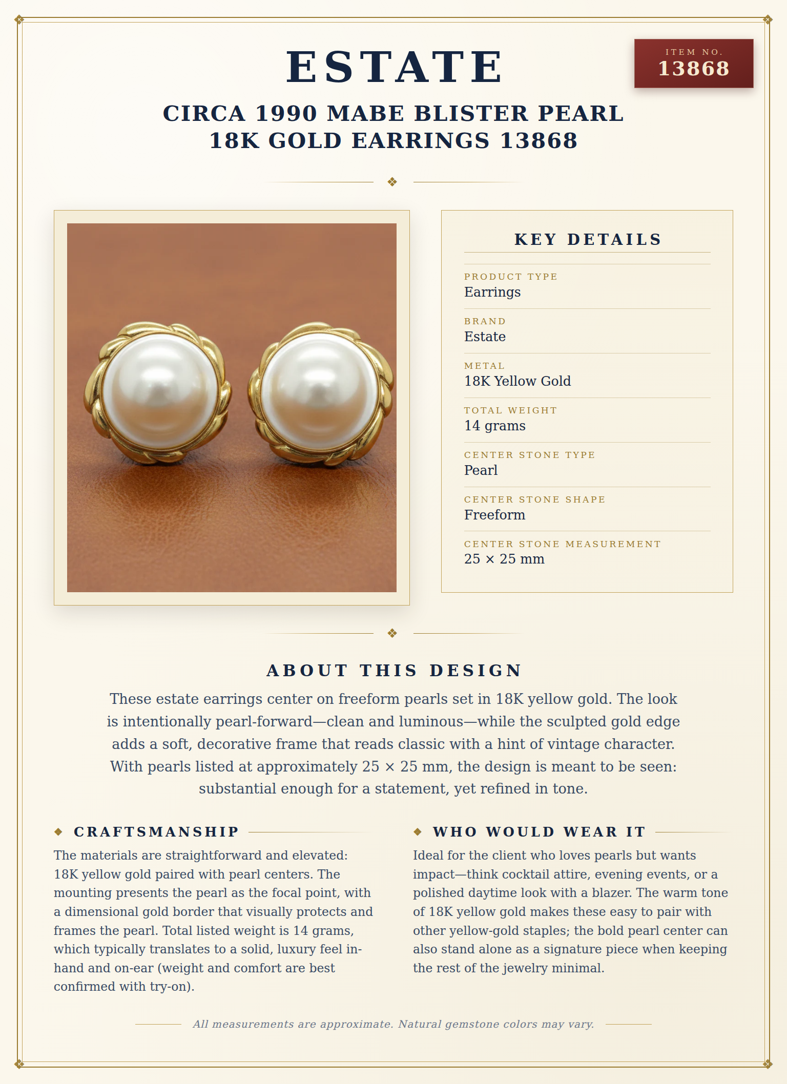 Estate Circa 1990 Mabe Blister Pearl 18K Gold Earrings 13868 — anatomy card