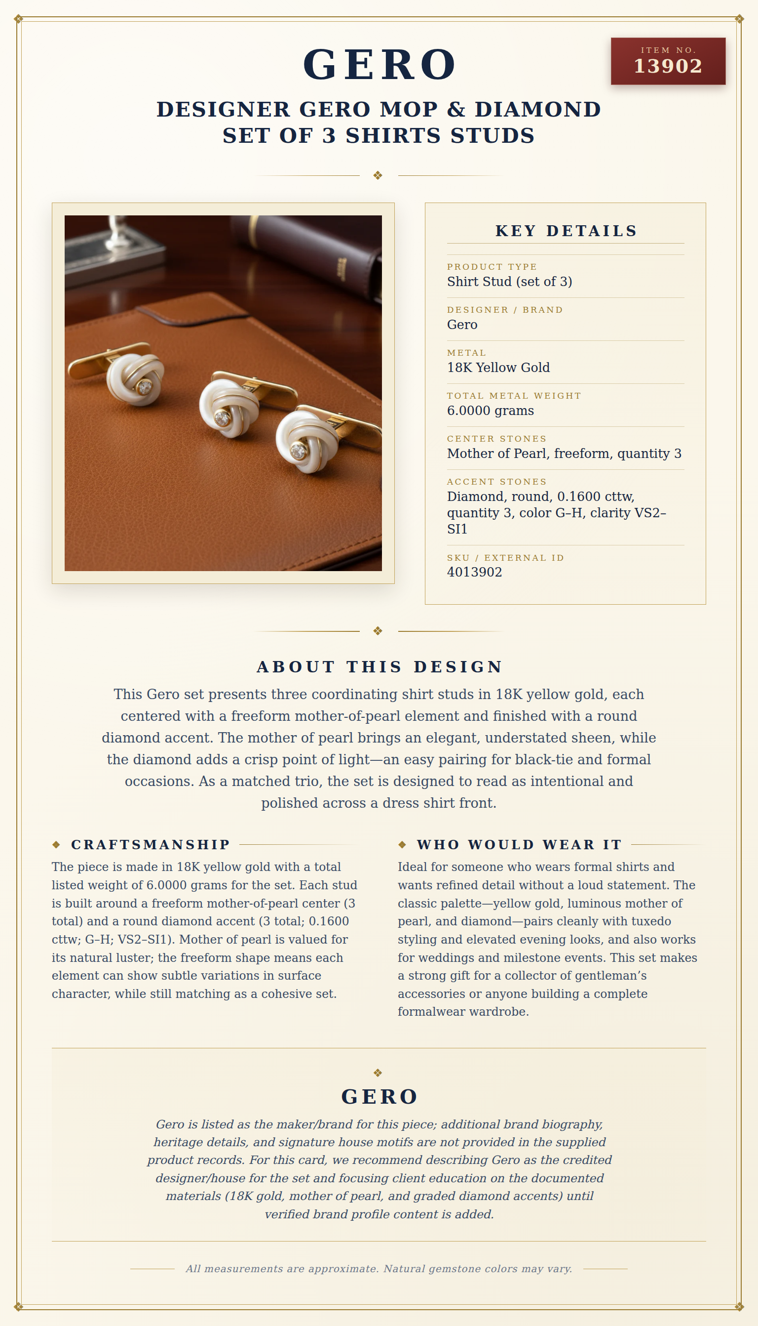 Designer Gero MOP & Diamond Set Of 3 Shirts Studs — anatomy card