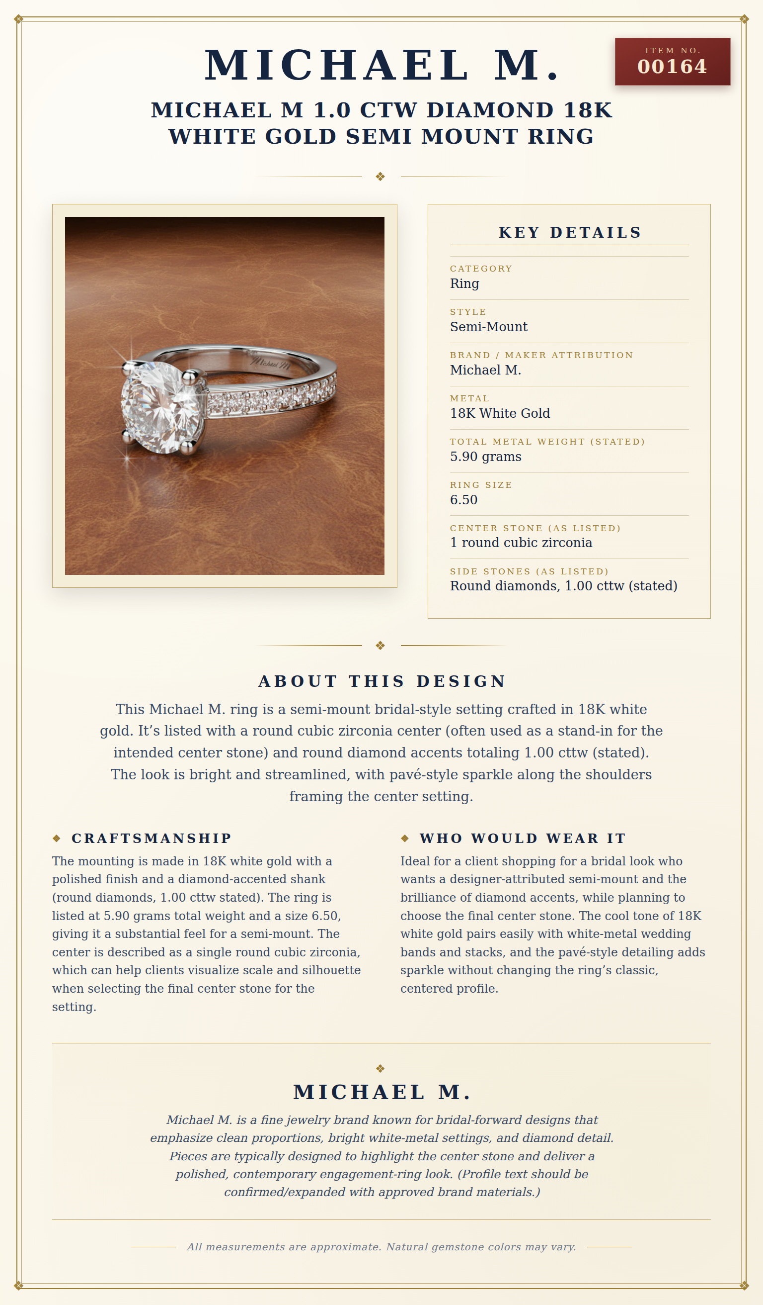 Michael M 1.0 ctw Diamond 18K White Gold Semi Mount Ring — anatomy card