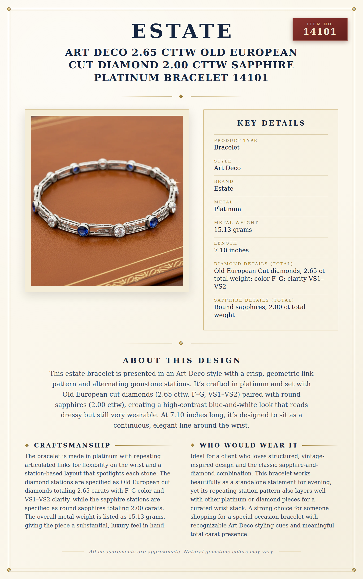 Estate Art Deco 2.65 cttw Old European Cut Diamond 2.00 cttw Sapphire Platinum Bracelet 14101 — anatomy card