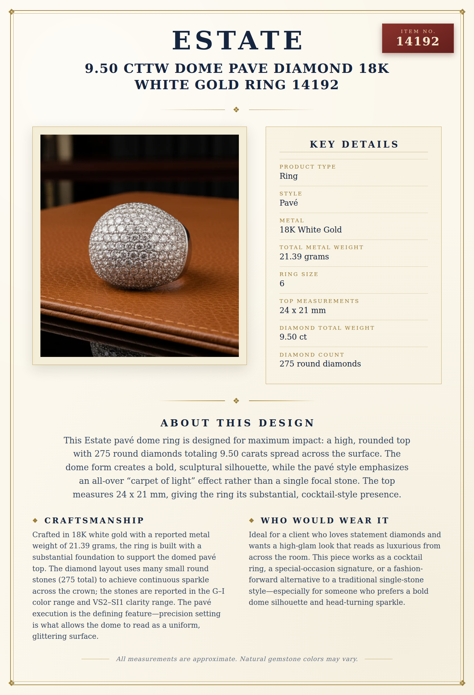 Estate 9.50 cttw Dome Pave Diamond 18K White Gold Ring 14192 — anatomy card