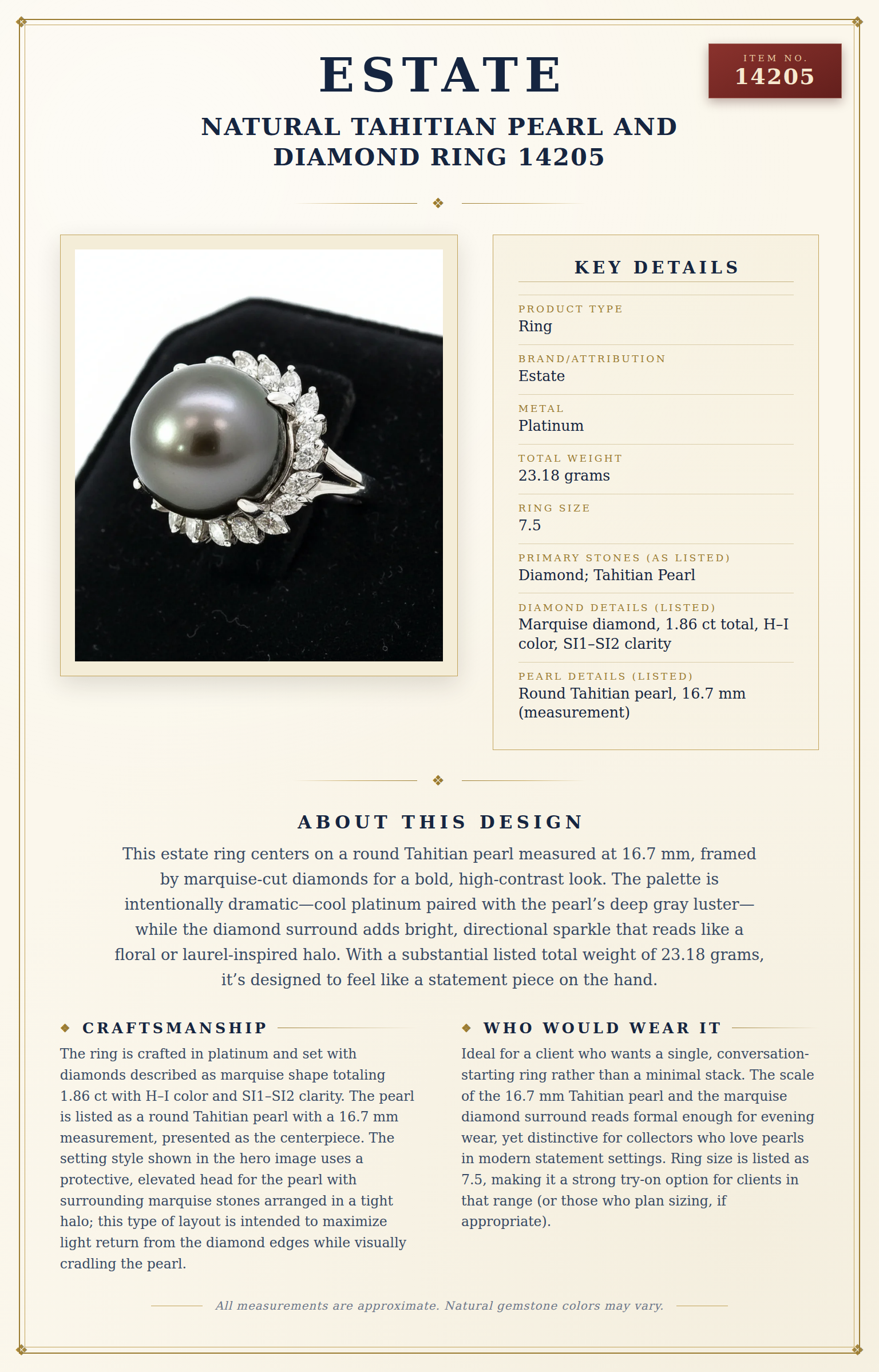 Estate Natural Tahitian Pearl and Diamond Ring 14205 — anatomy card