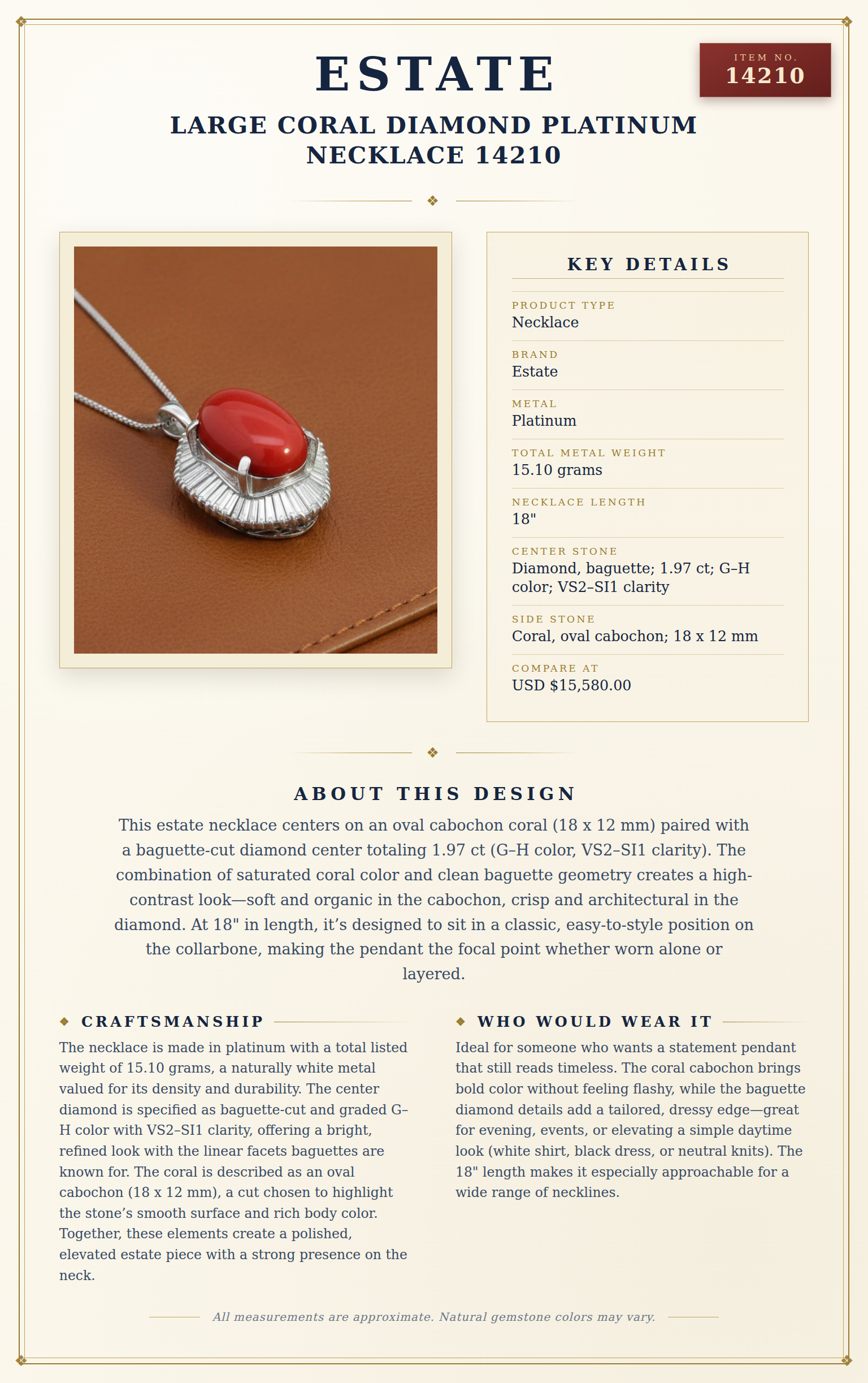Estate Large Coral Diamond Platinum Necklace 14210 — anatomy card