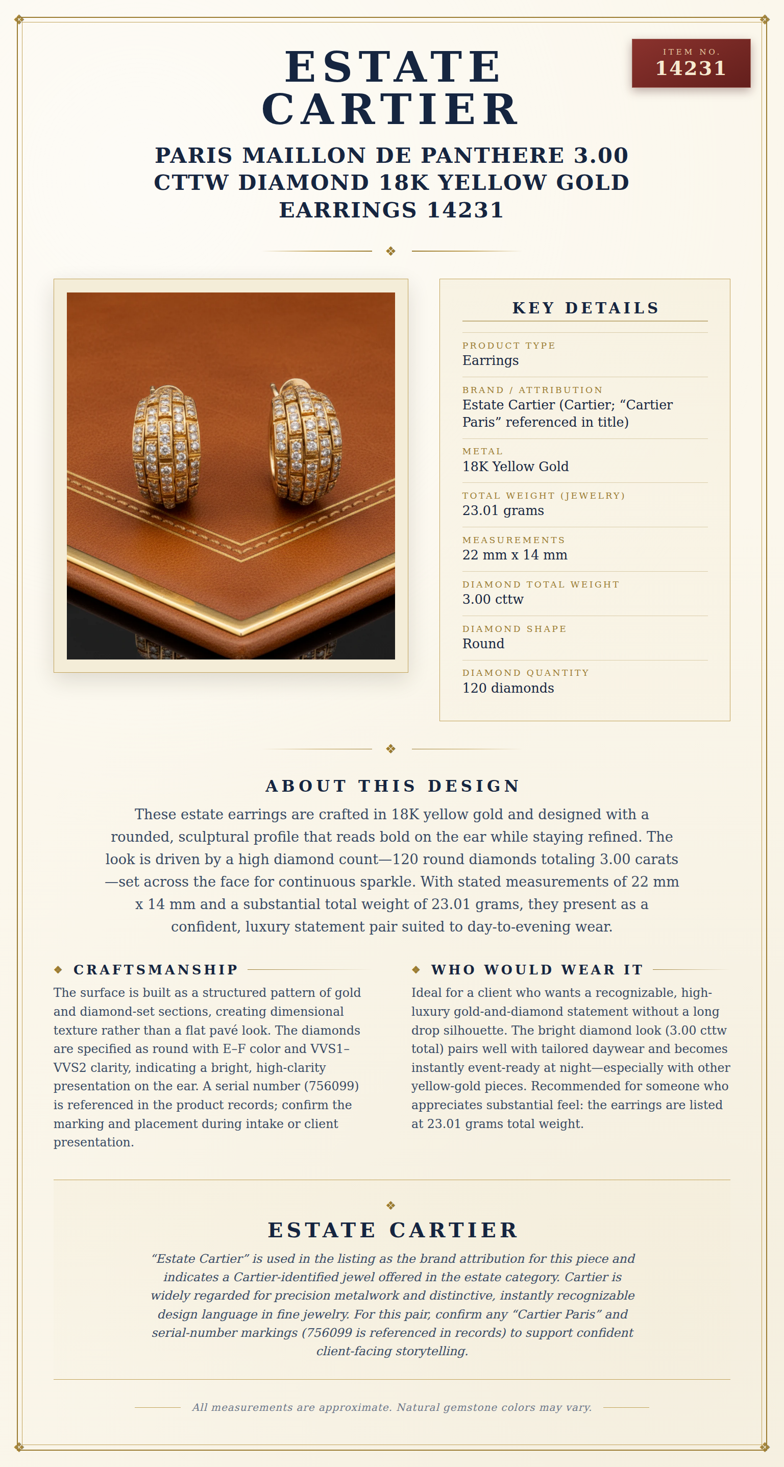 Estate Cartier Paris Maillon de Panthere 3.00 cttw Diamond 18K Yellow Gold Earrings 14231 — anatomy card