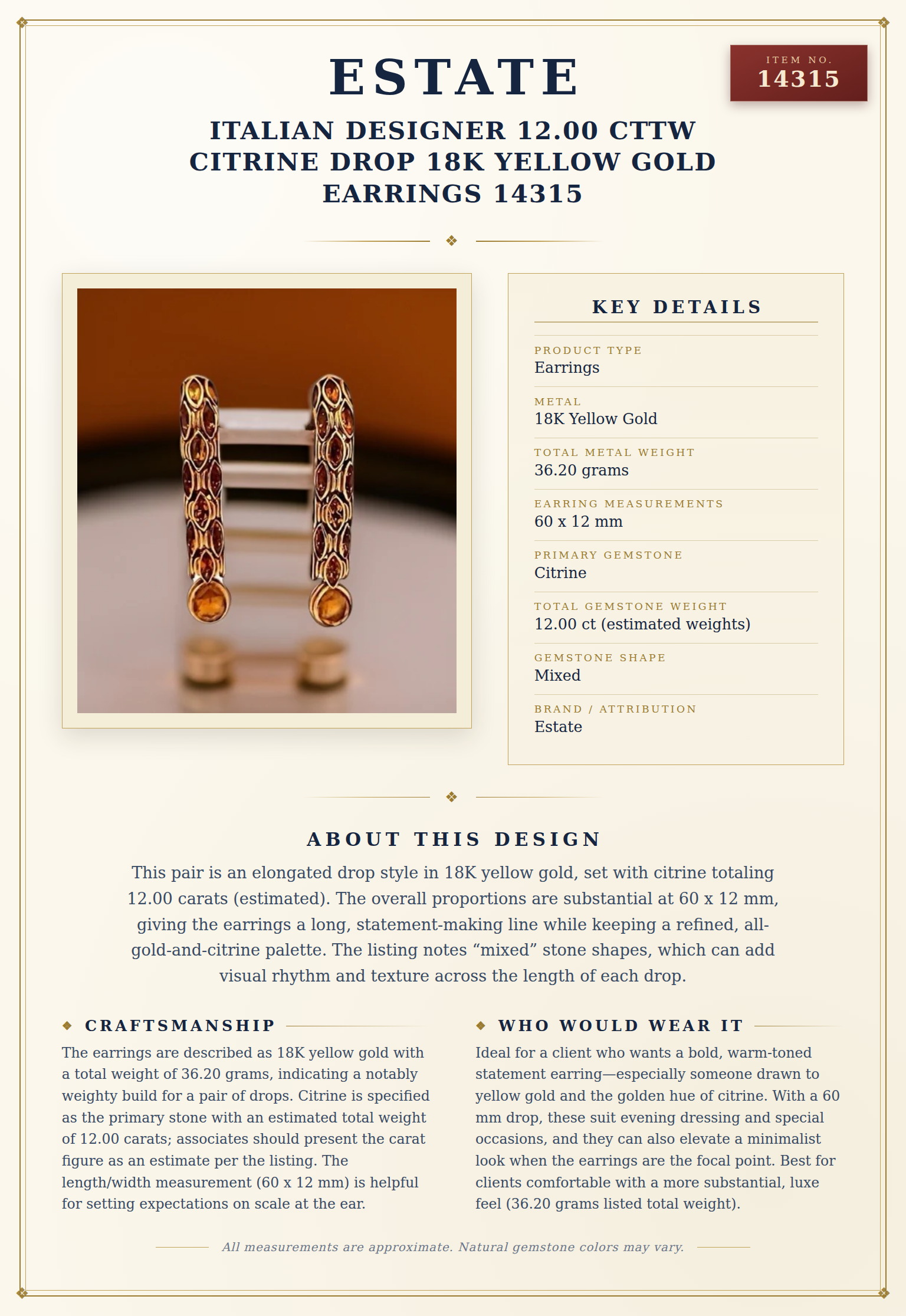 Estate Italian Designer 12.00 cttw Citrine Drop 18K Yellow Gold Earrings 14315 — anatomy card