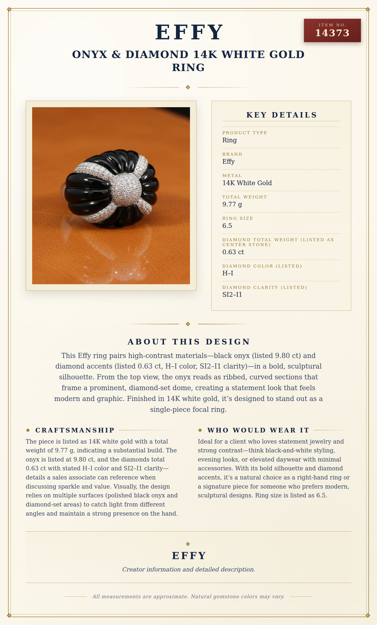 Effy Onyx & Diamond 14K White Gold Ring — anatomy card