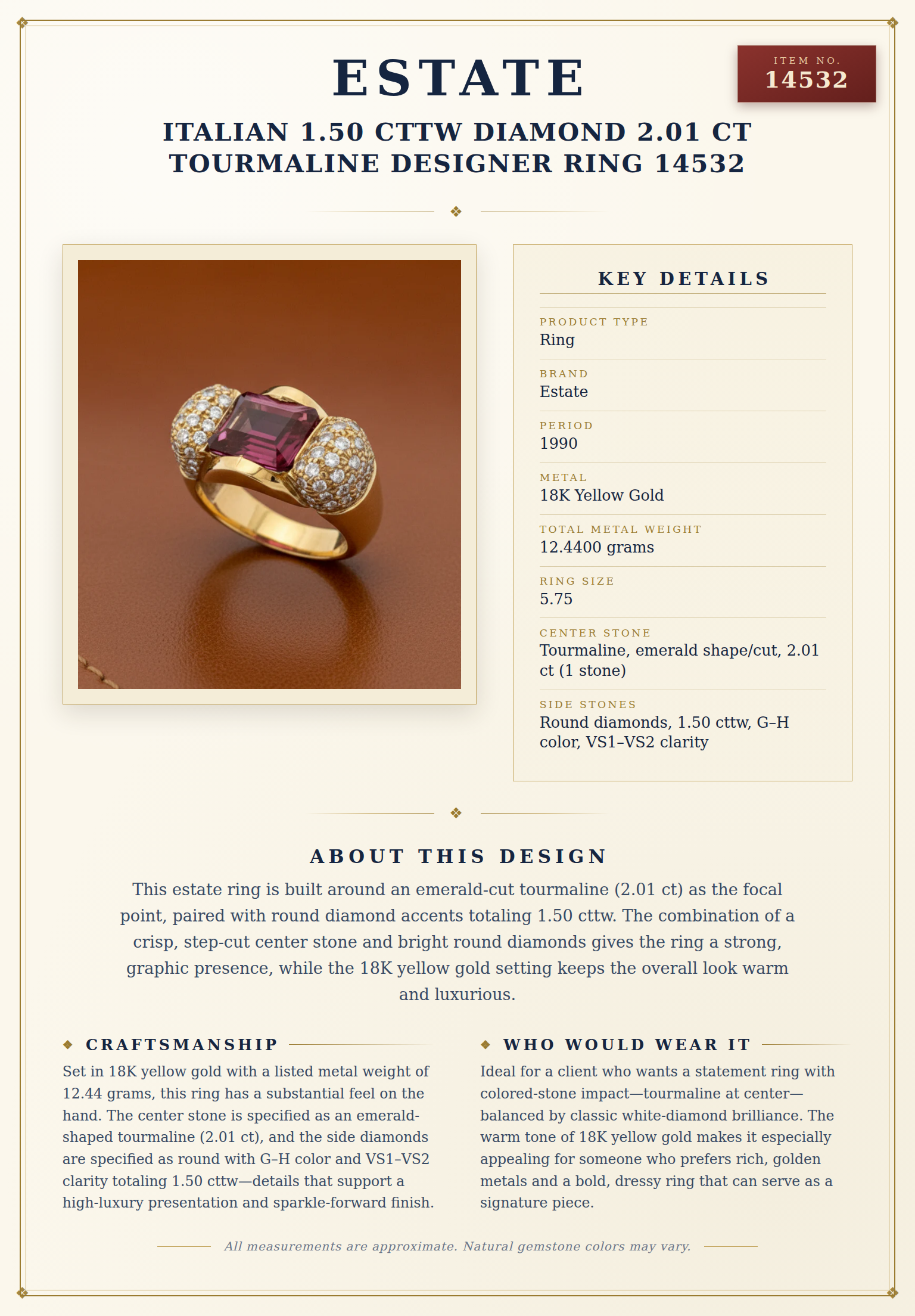 Estate Italian 1.50 cttw Diamond 2.01 ct Tourmaline Designer Ring 14532 — anatomy card