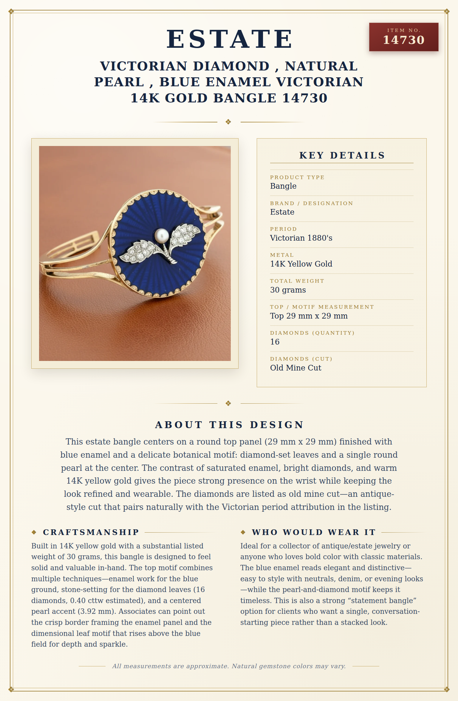 Estate Victorian Diamond , Natural Pearl , Blue Enamel Victorian 14K Gold Bangle 14730 — anatomy card