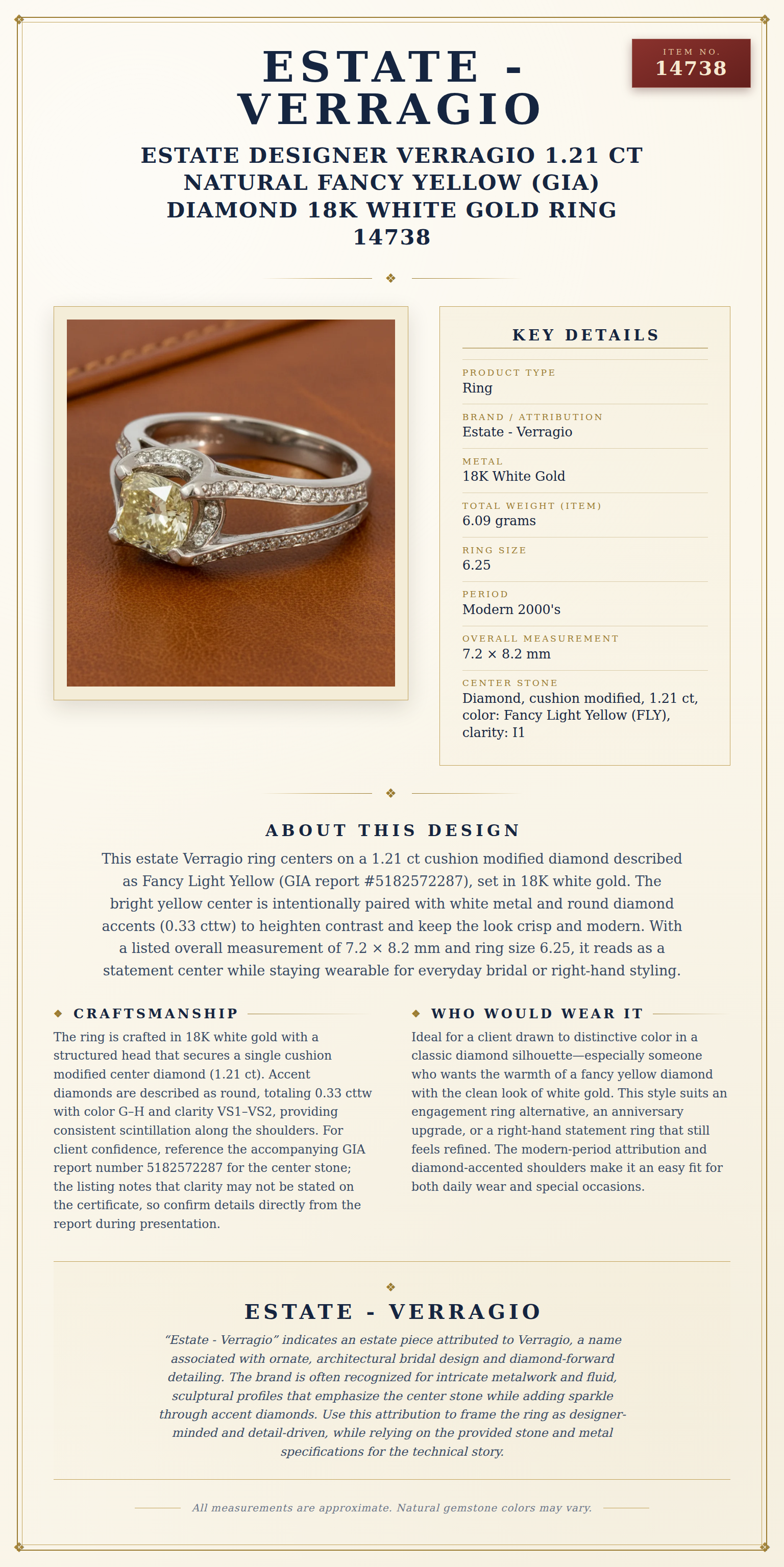 Estate Designer Verragio 1.21 ct Natural Fancy Yellow (GIA) Diamond 18K White Gold Ring 14738 — anatomy card