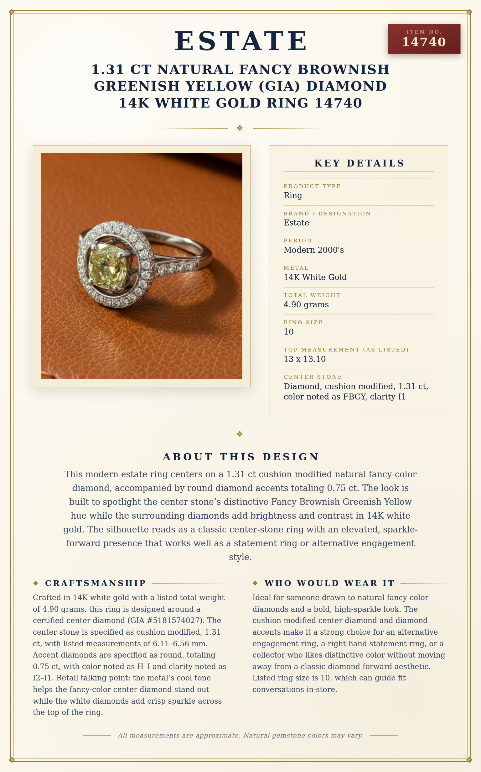 Estate 1.31 ct Natural Fancy Brownish Greenish Yellow (GIA) Diamond 14K White Gold Ring 14740 — anatomy card