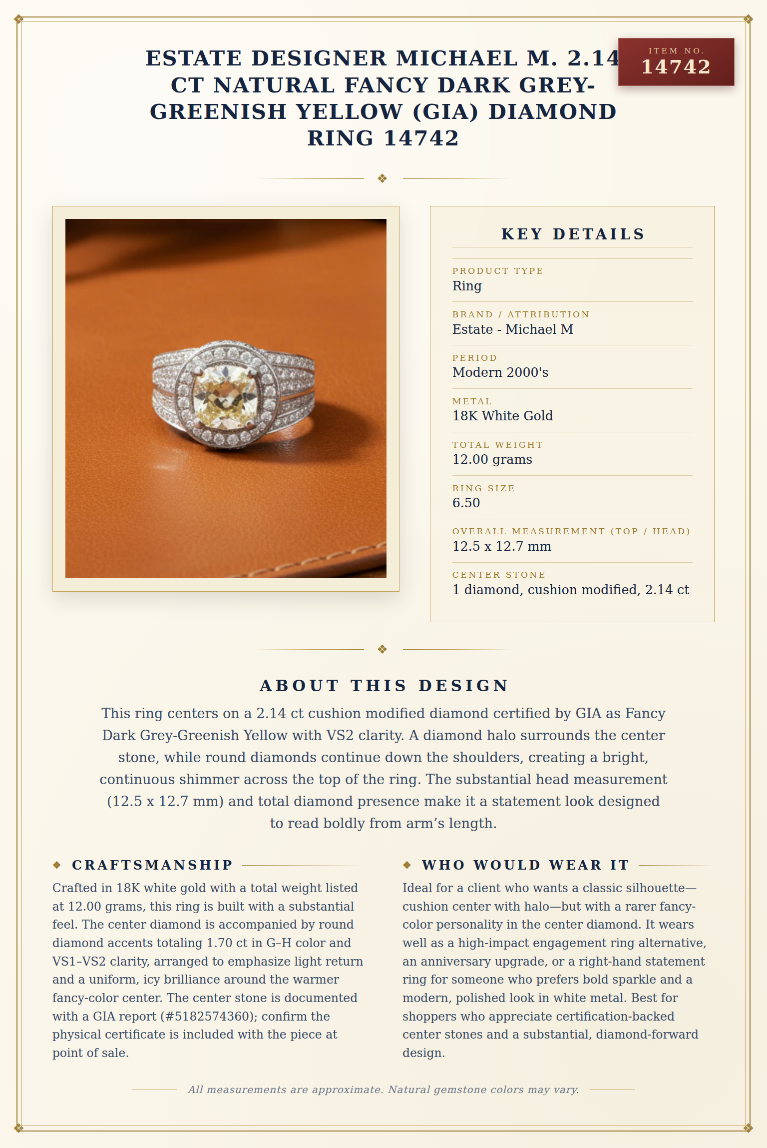 Estate Designer Michael M. 2.14 ct Natural Fancy Dark Grey-Greenish Yellow (GIA) Diamond Ring 14742 — anatomy card
