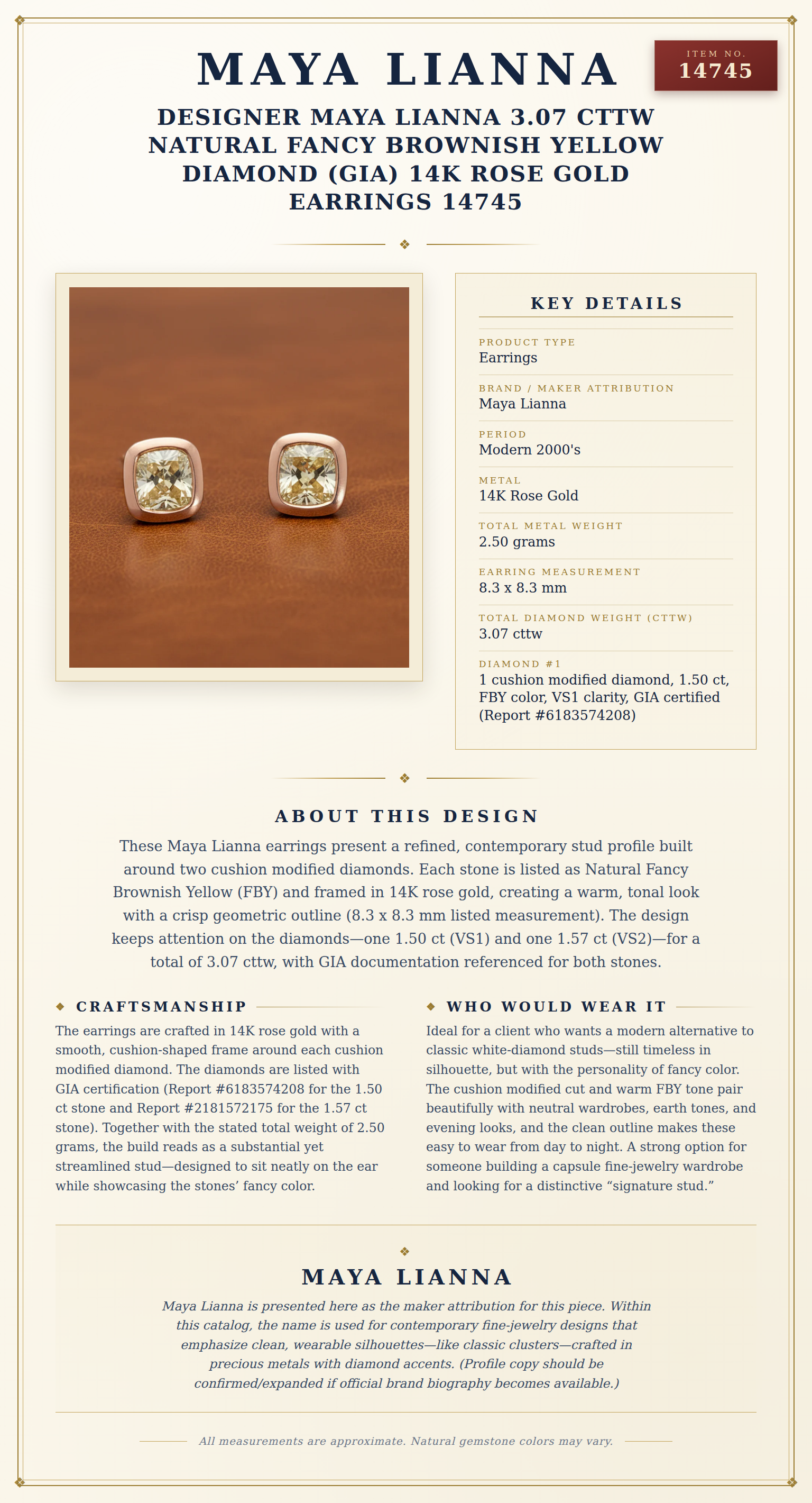 Designer Maya Lianna 3.07 cttw Natural Fancy Brownish Yellow Diamond (GIA) 14K Rose Gold Earrings 14745 — anatomy card