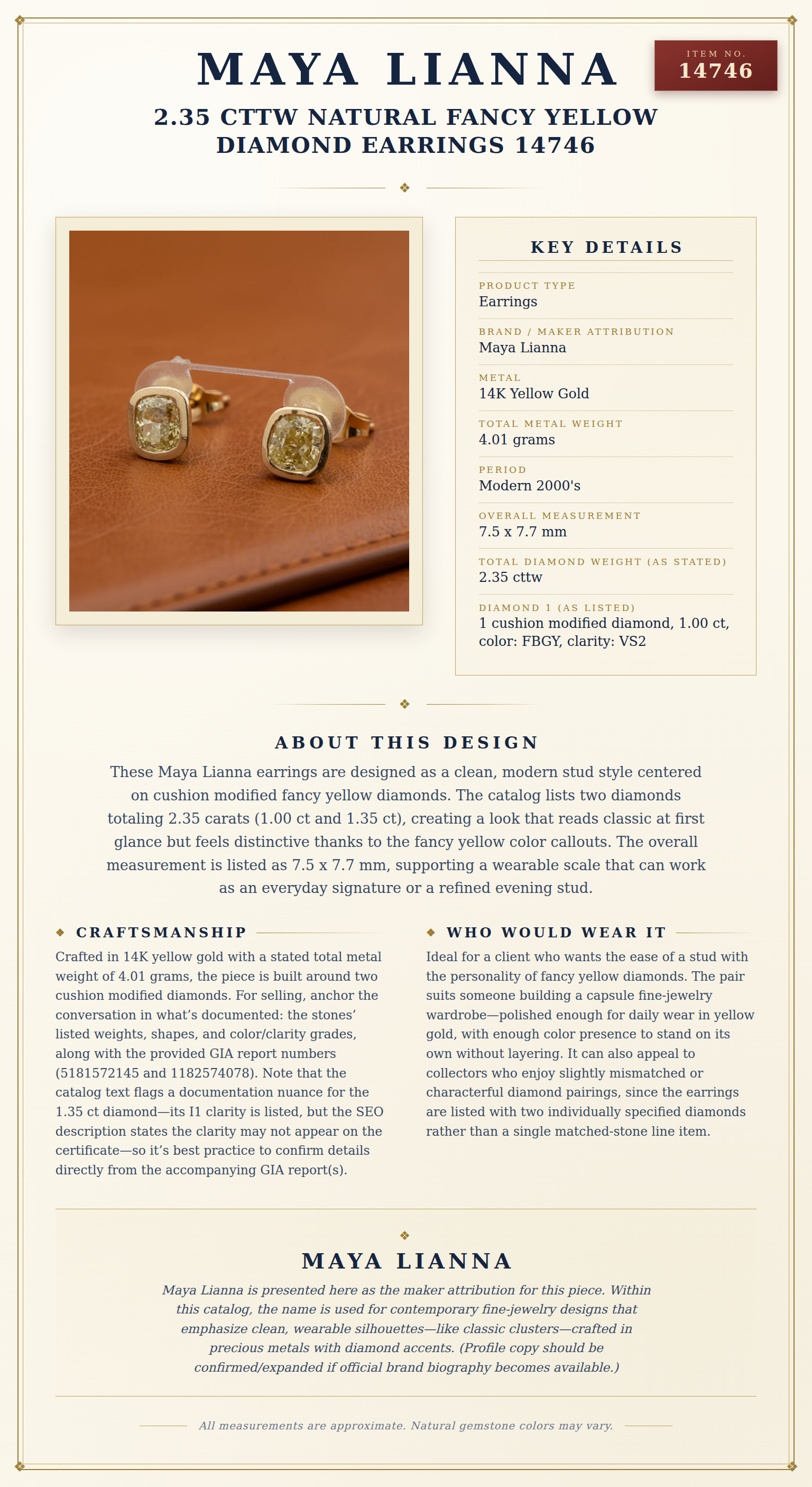 Maya Lianna 2.35 cttw Natural Fancy Yellow Diamond Earrings 14746 — anatomy card