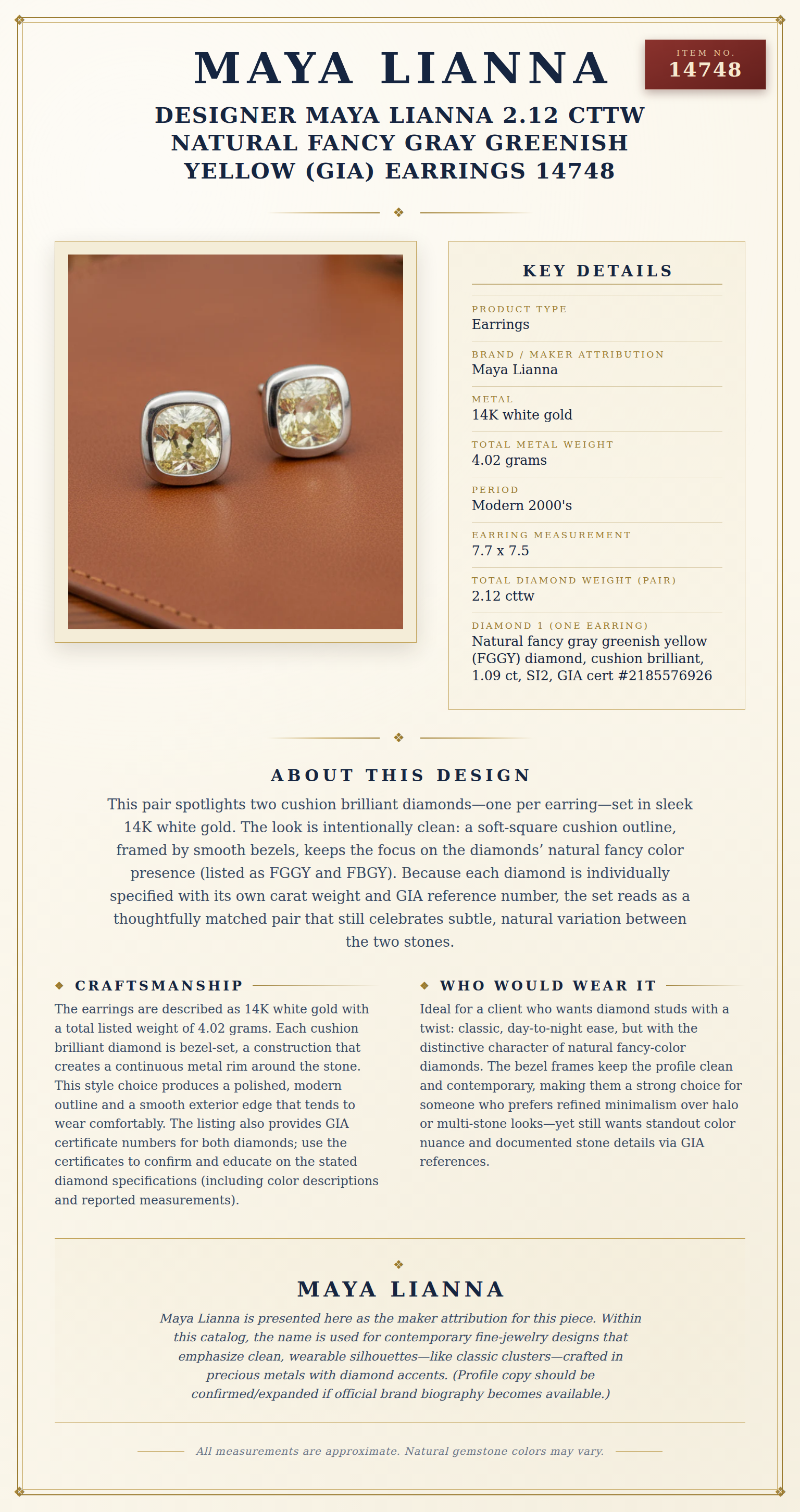 Designer Maya Lianna 2.12 cttw Natural Fancy Gray Greenish Yellow (GIA) Earrings 14748 — anatomy card