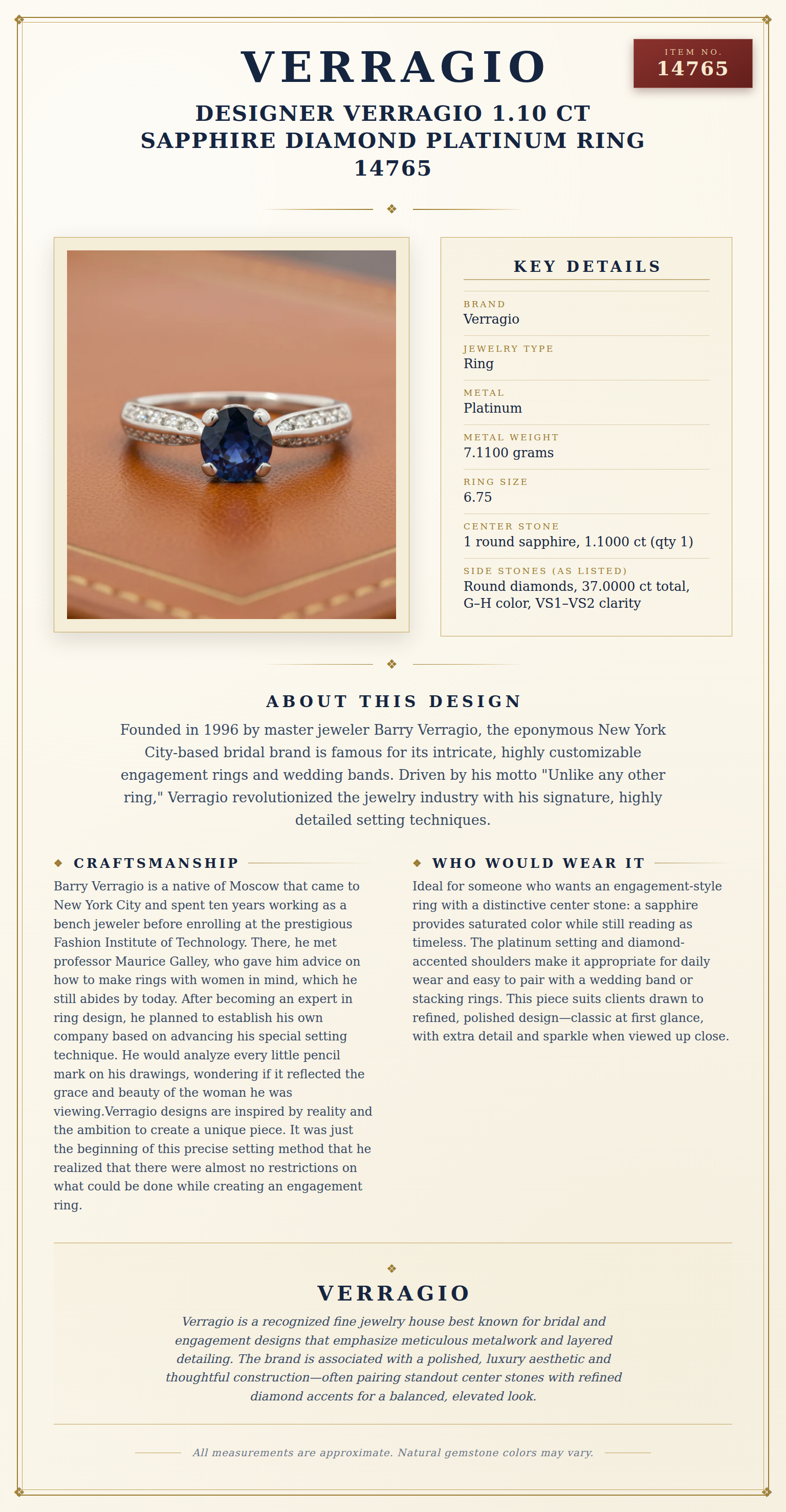 Designer Verragio 1.10 ct Sapphire Diamond Platinum Ring 14765 — anatomy card
