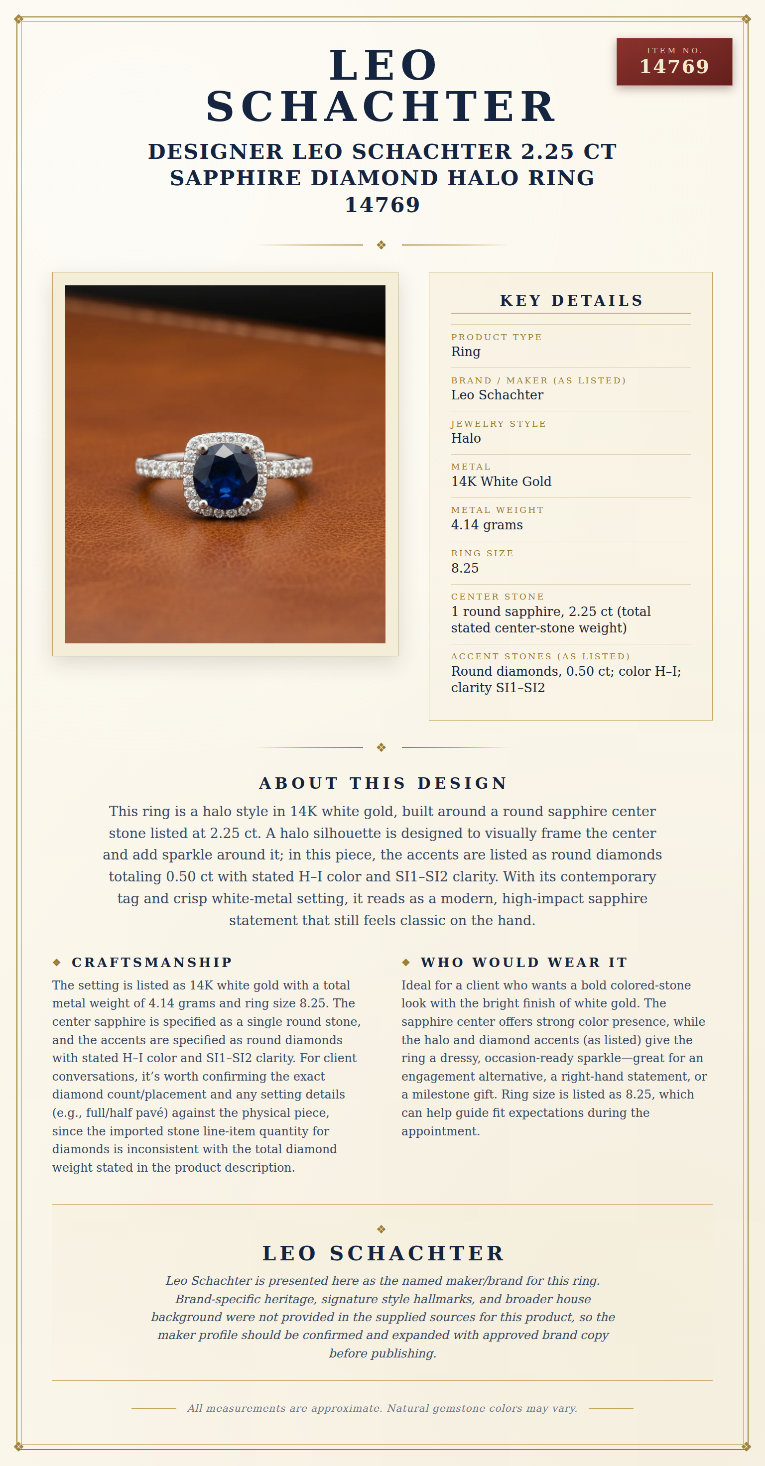 Designer Leo Schachter 2.25 ct Sapphire Diamond Halo Ring 14769 — anatomy card