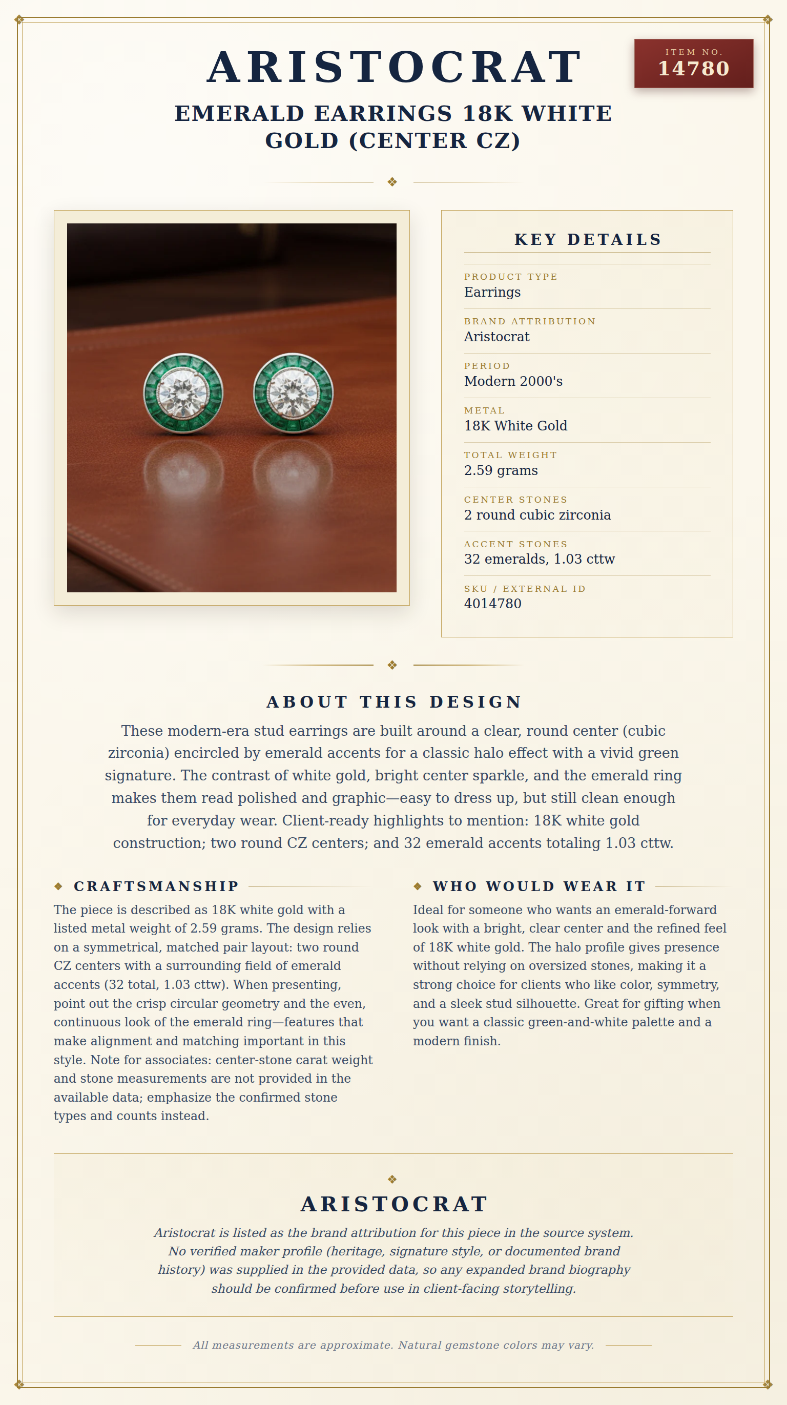 Emerald Earrings 18K White Gold (Center CZ) — anatomy card