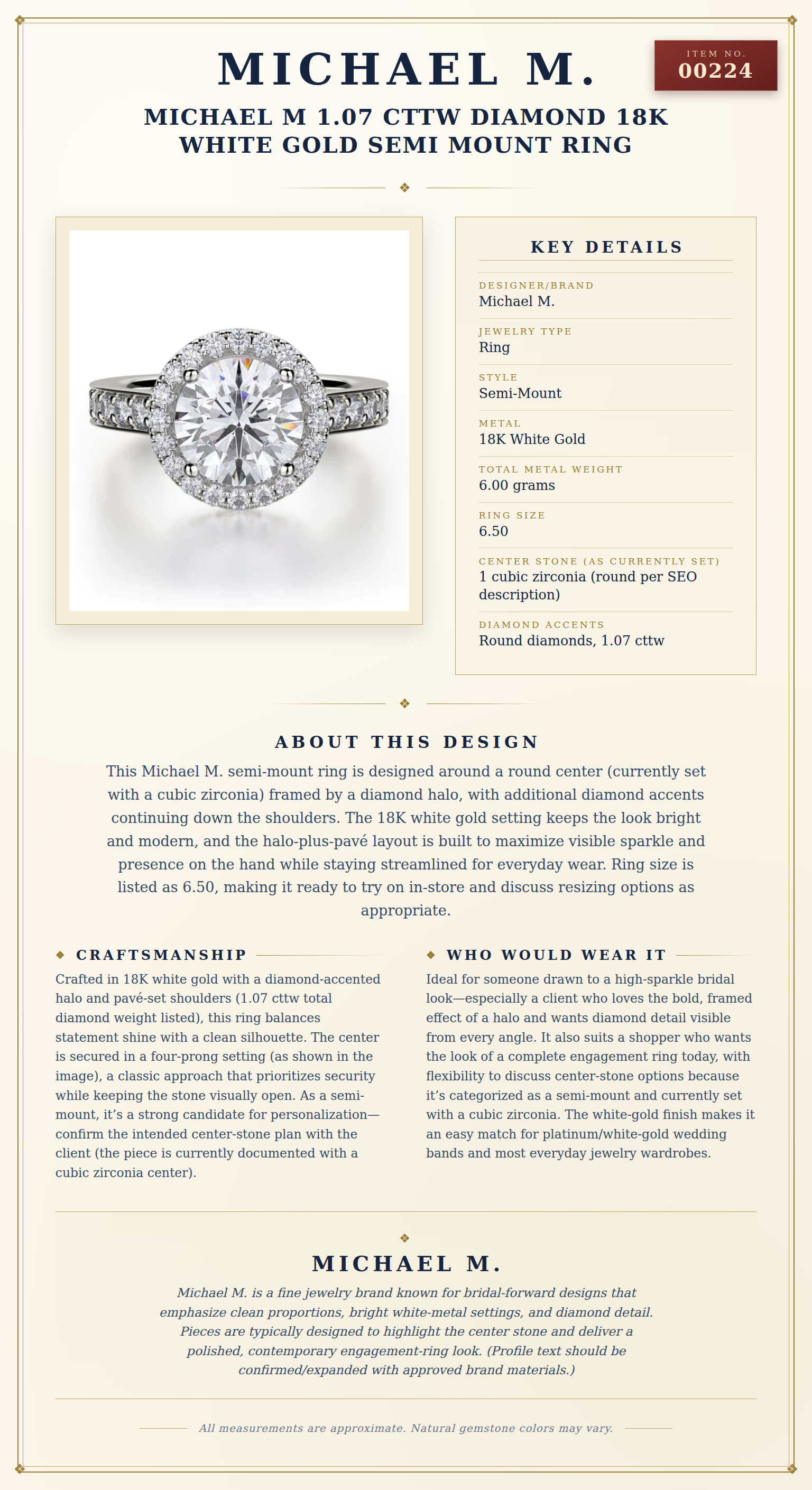 Designer Michael M 1.07 cttw Diamond 18K White Gold Semi Mount Ring — anatomy card