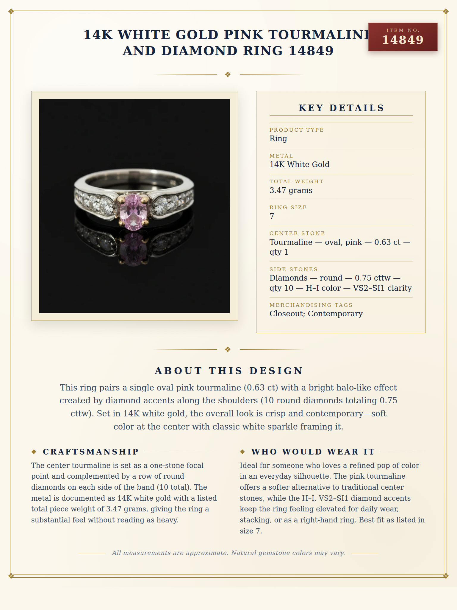 14K White Gold Pink Tourmaline and Diamond Ring 14849 — anatomy card