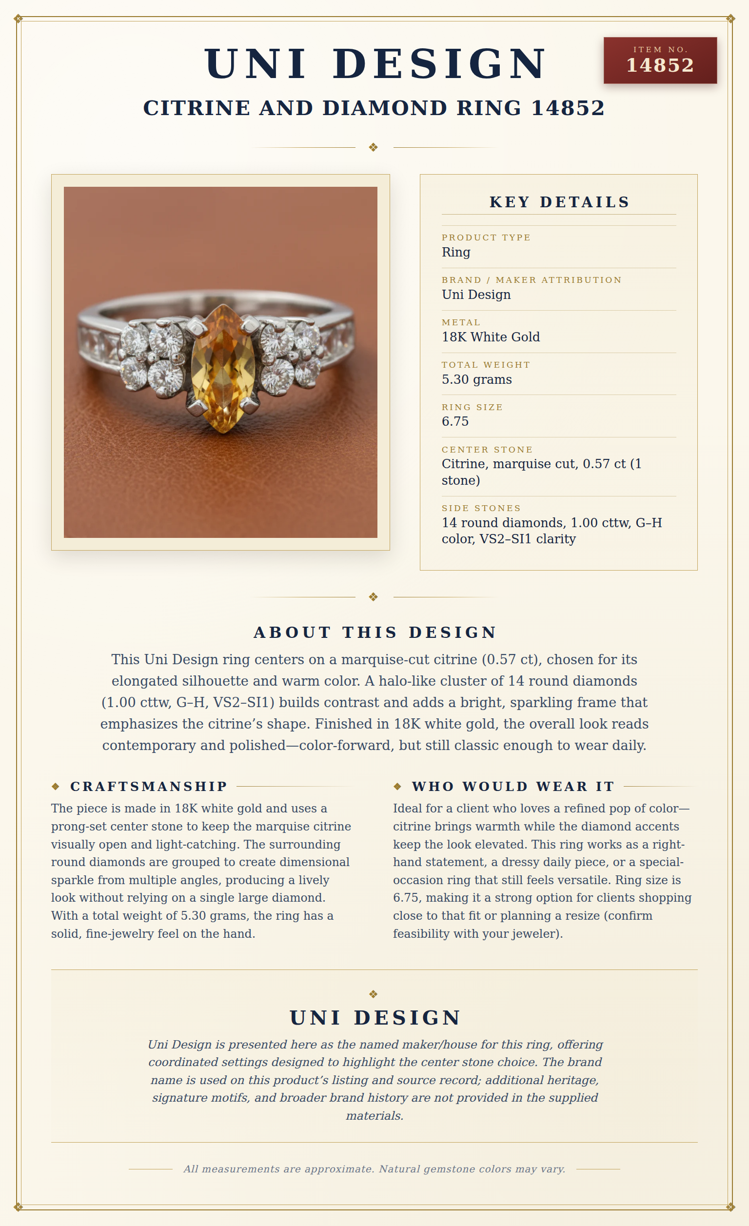 Uni Design Citrine and Diamond Ring 14852 — anatomy card