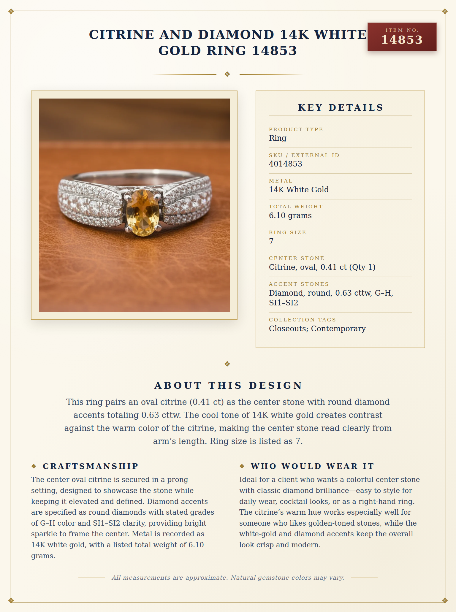 Citrine and Diamond 14K White Gold Ring 14853 — anatomy card