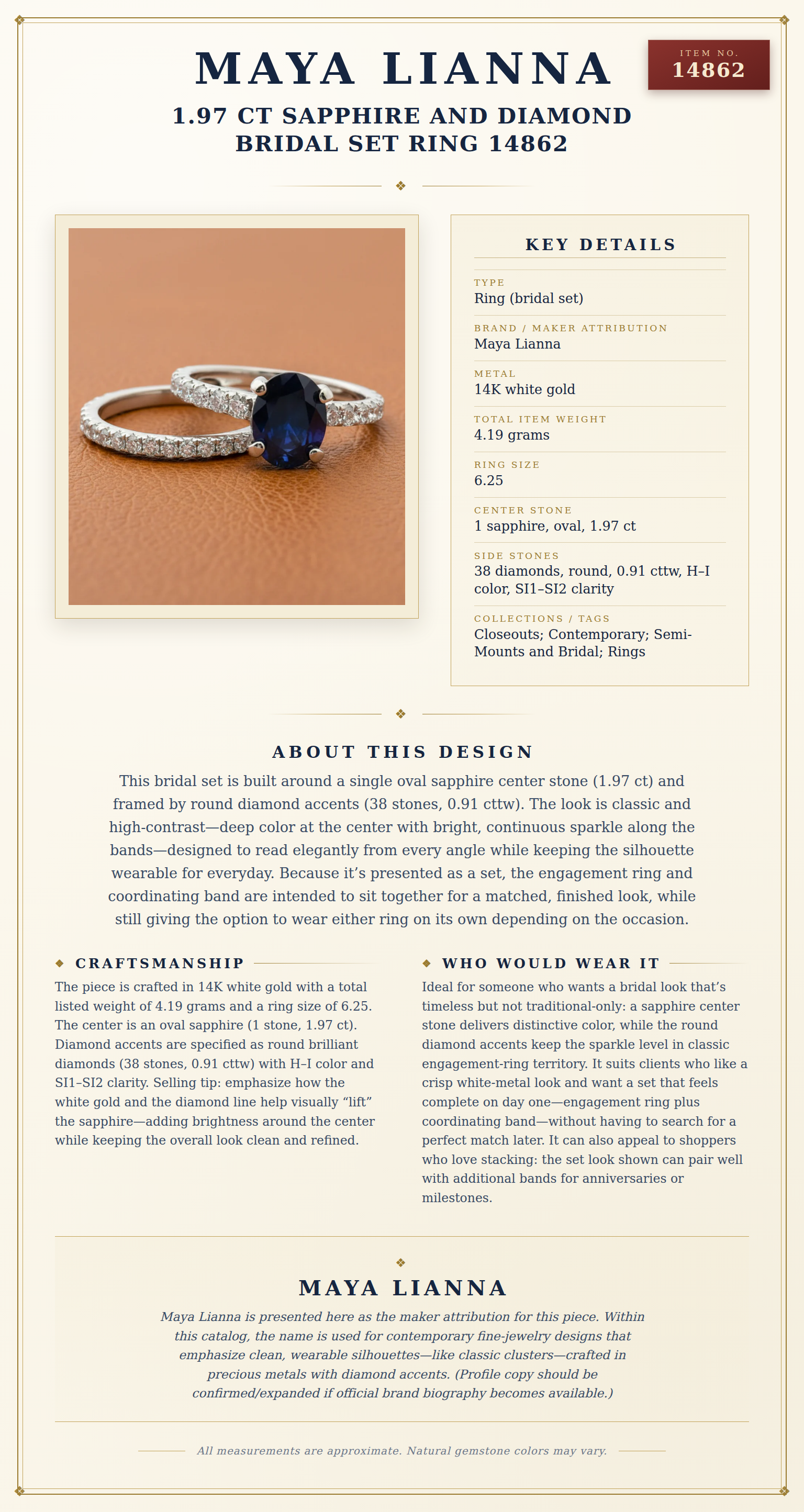 Maya Lianna 1.97 ct Sapphire and Diamond Bridal Set Ring 14862 — anatomy card