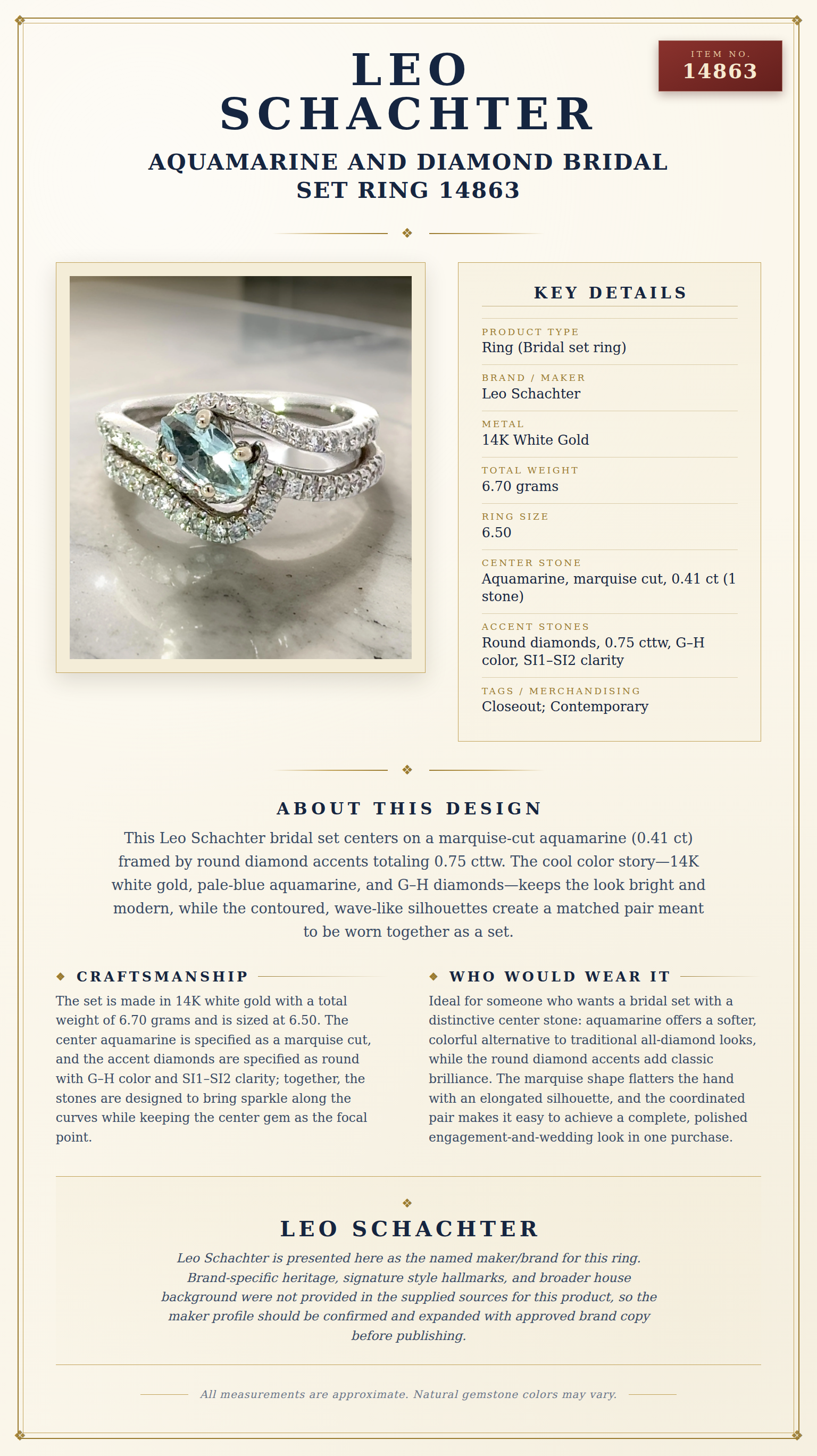 Leo Schachter Aquamarine and Diamond Bridal Set Ring 14863 — anatomy card