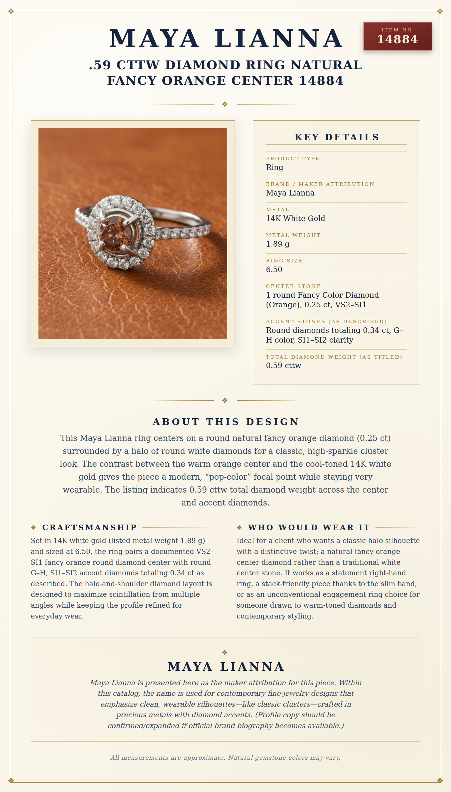 Maya Lianna .59 cttw Diamond Ring Natural Fancy Orange Center 14884 — anatomy card