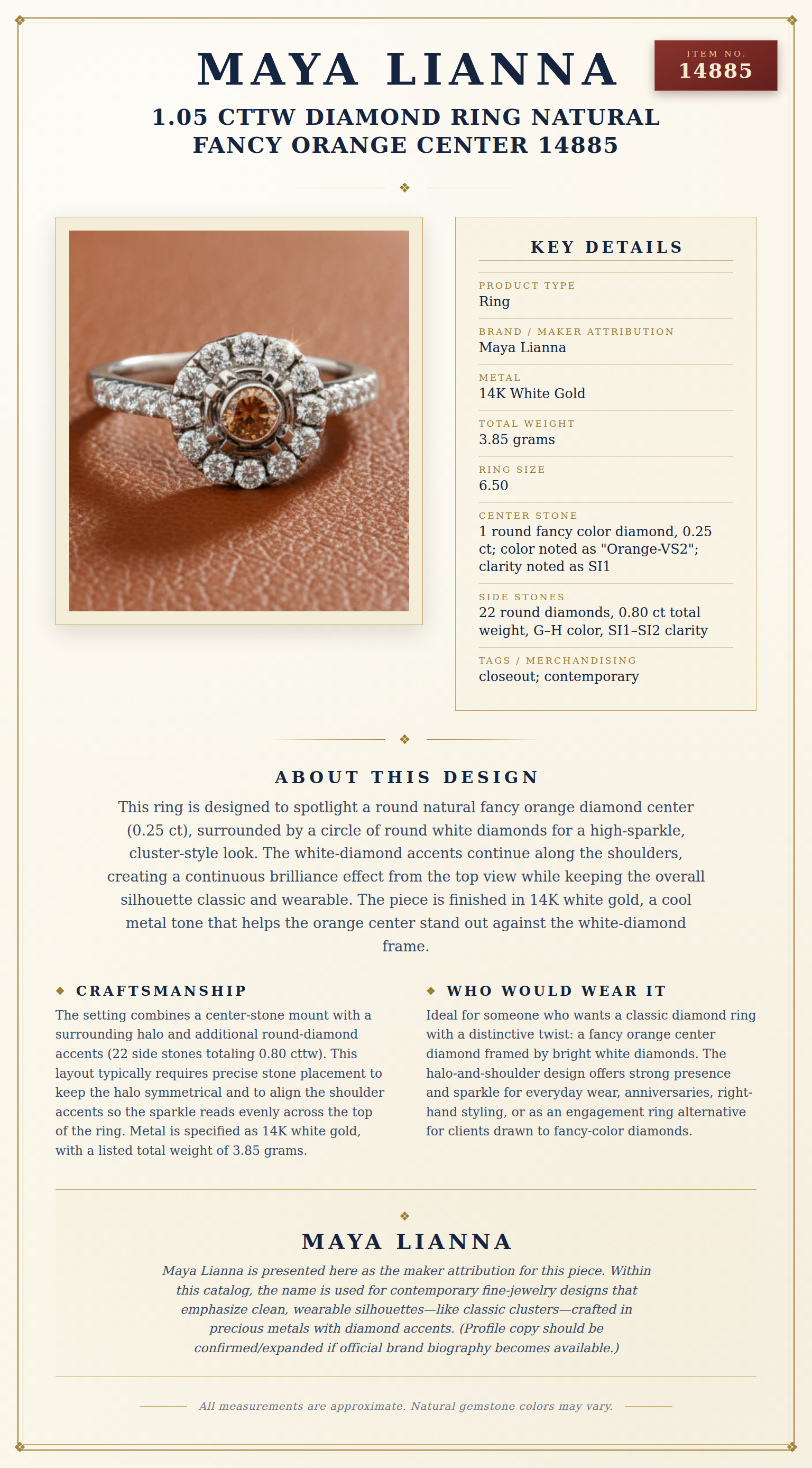 Maya Lianna 1.05 cttw Diamond Ring Natural Fancy Orange Center 14885 — anatomy card