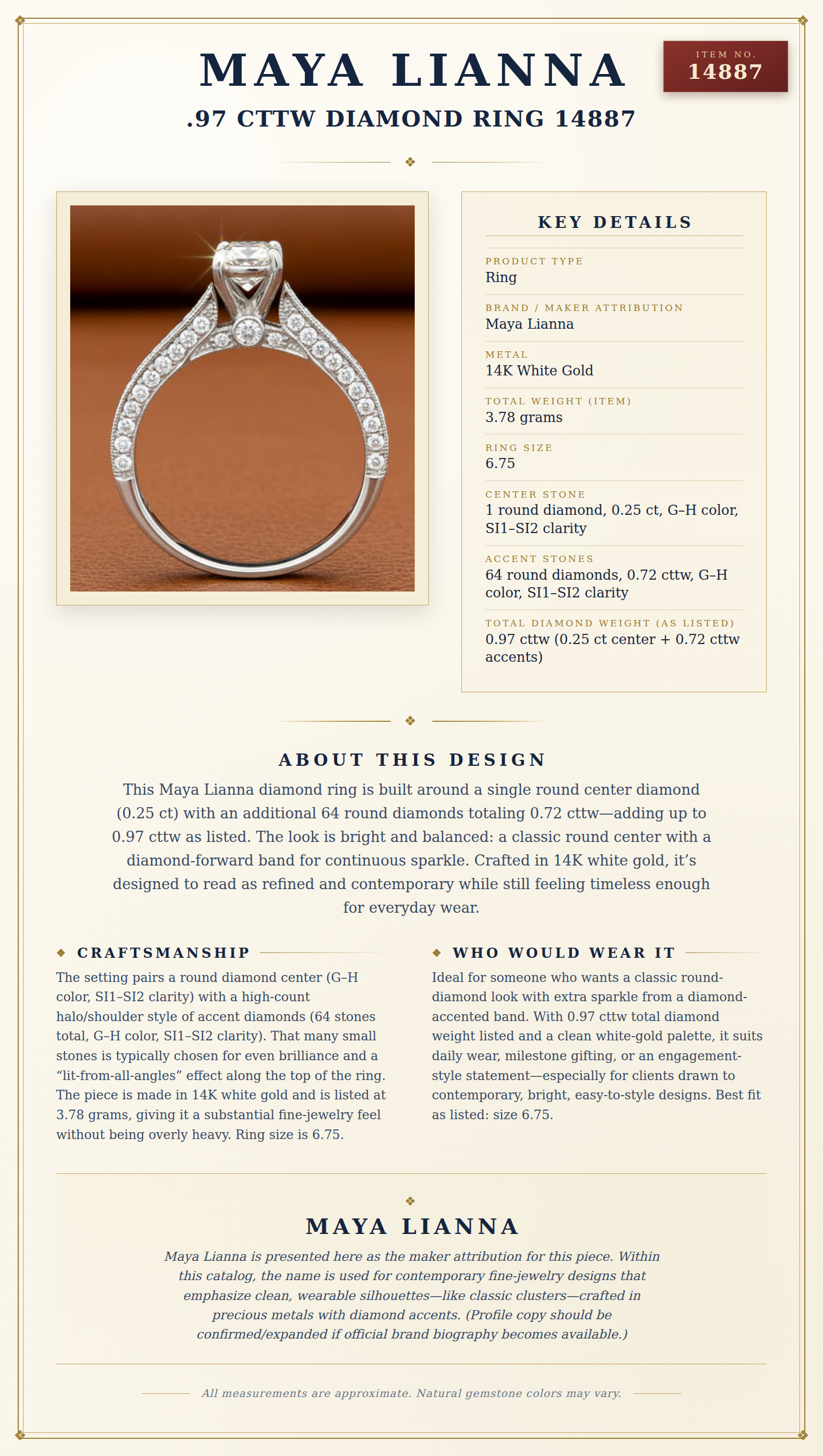 Maya Lianna .97 cttw Diamond Ring 14887 — anatomy card