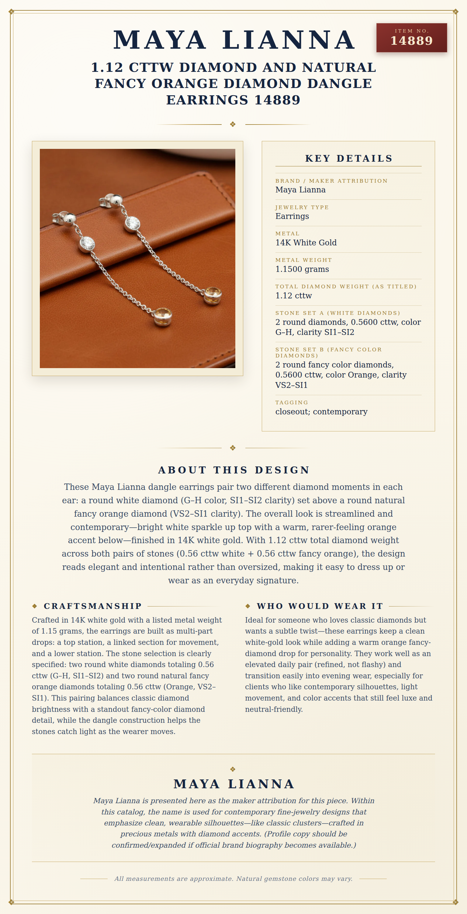 Maya Lianna 1.12 cttw Diamond and Natural Fancy Orange Diamond Dangle Earrings 14889 — anatomy card