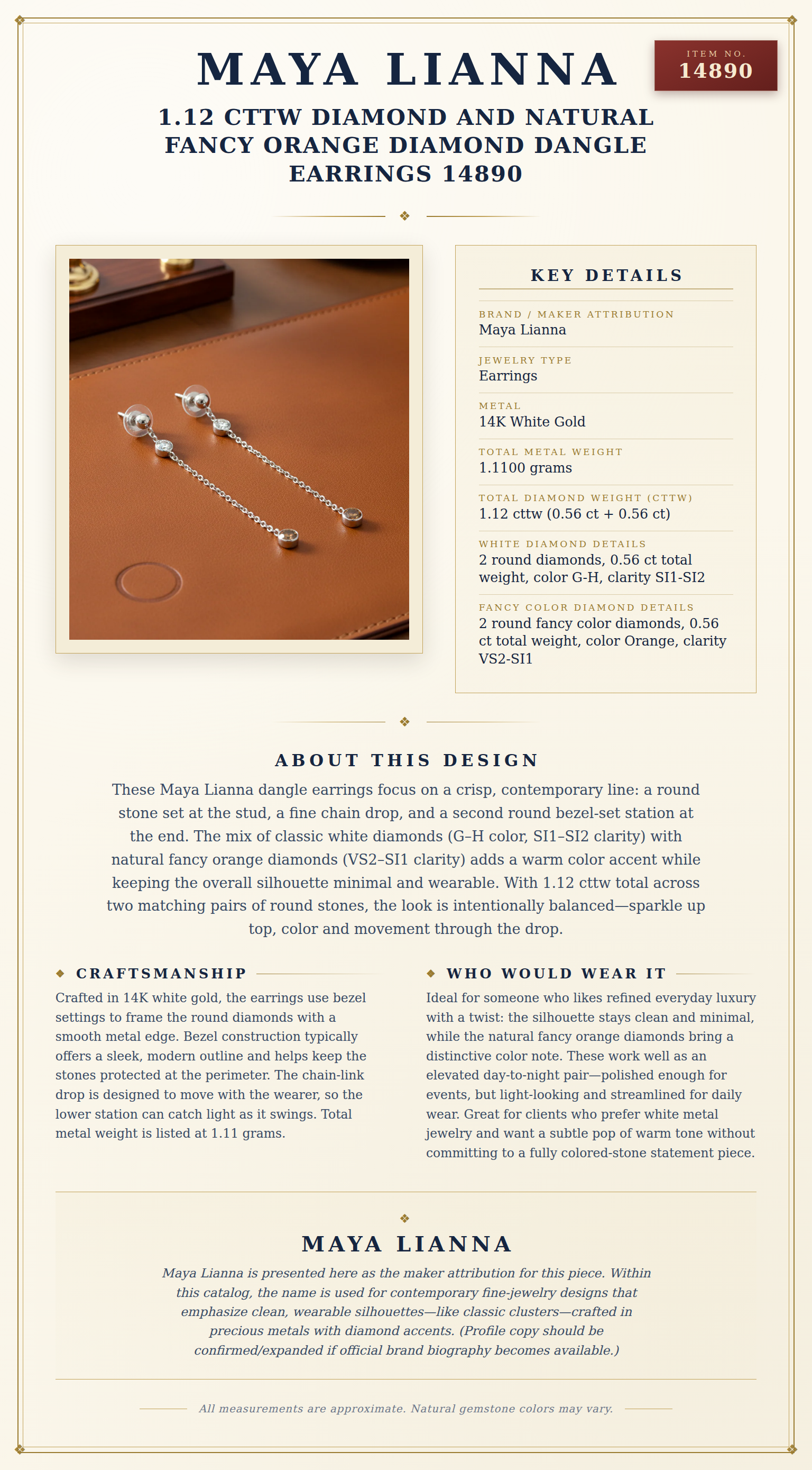Maya Lianna 1.12 cttw Diamond and Natural Fancy Orange Diamond Dangle Earrings 14890 — anatomy card