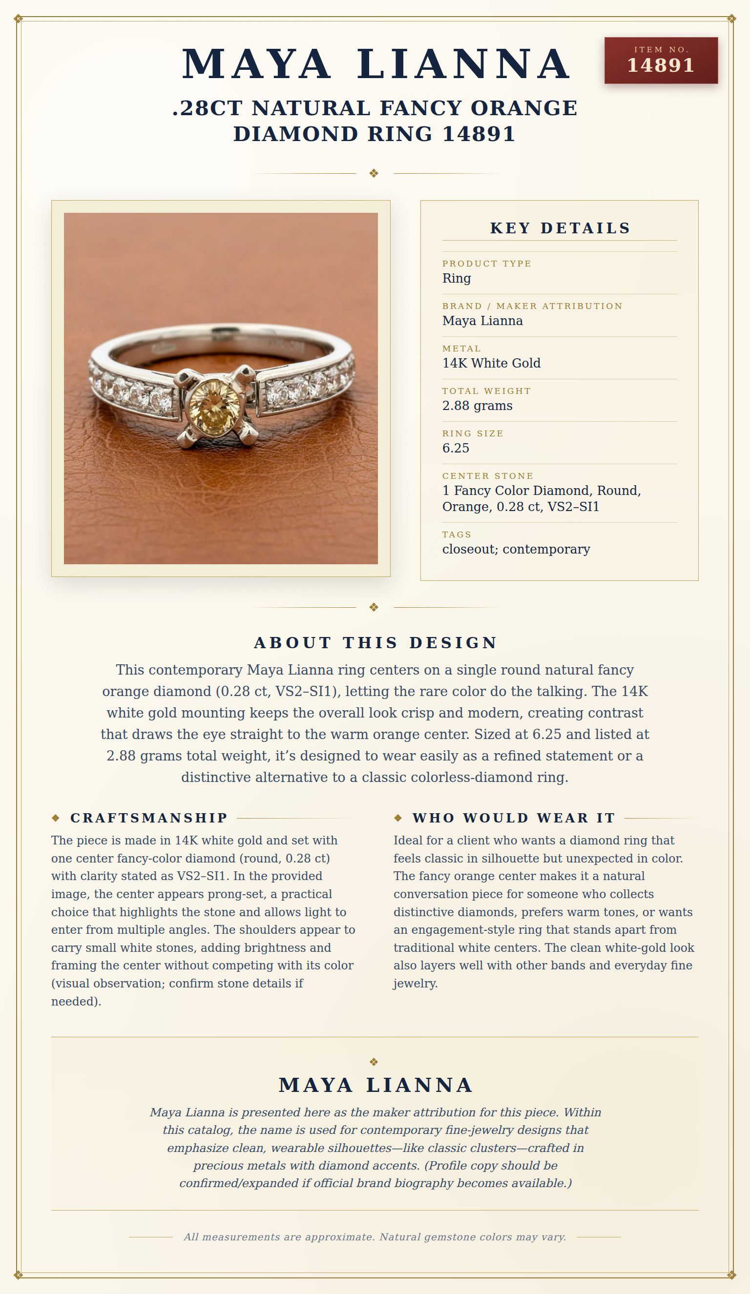 Maya Lianna .28ct Natural Fancy Orange Diamond Ring 14891 — anatomy card