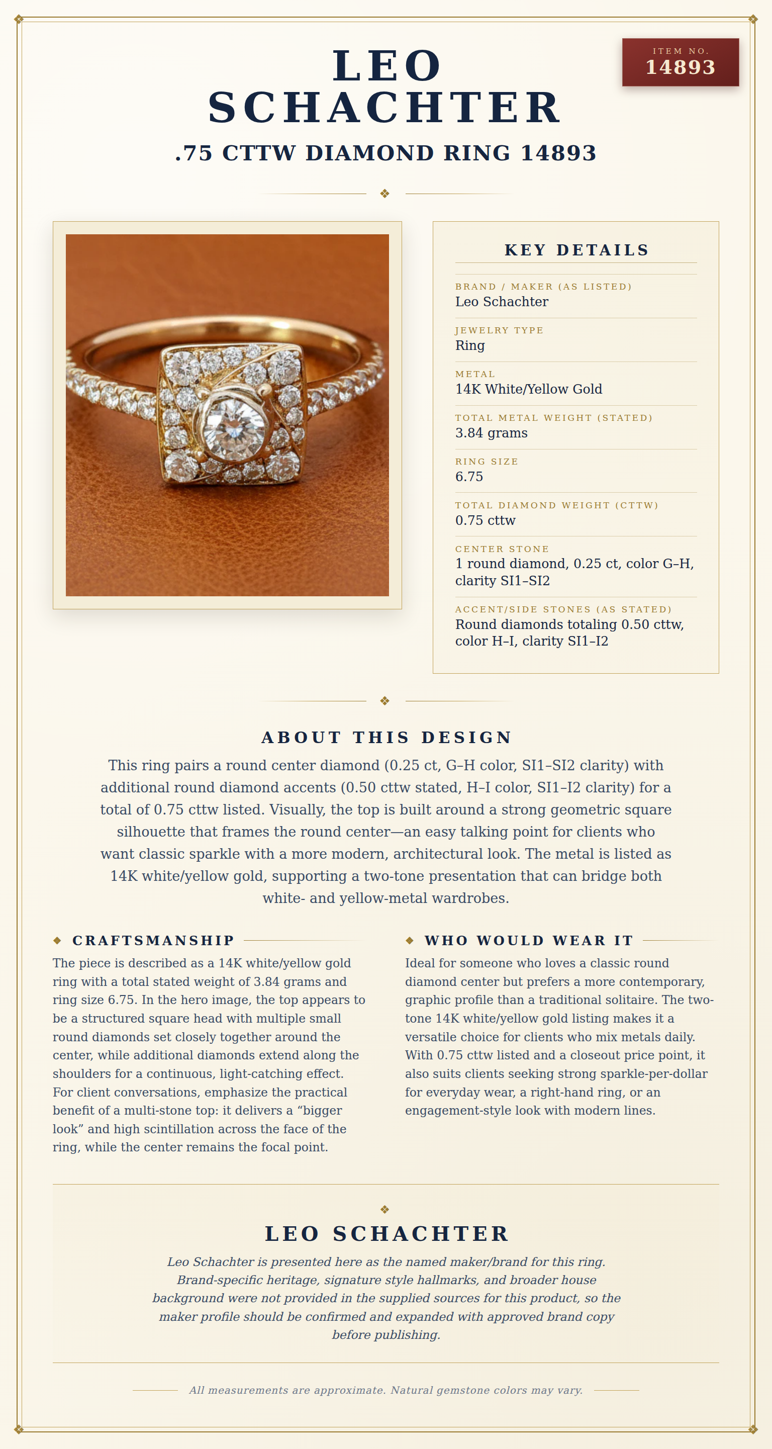 Leo Schachter .75 cttw Diamond Ring 14893 — anatomy card