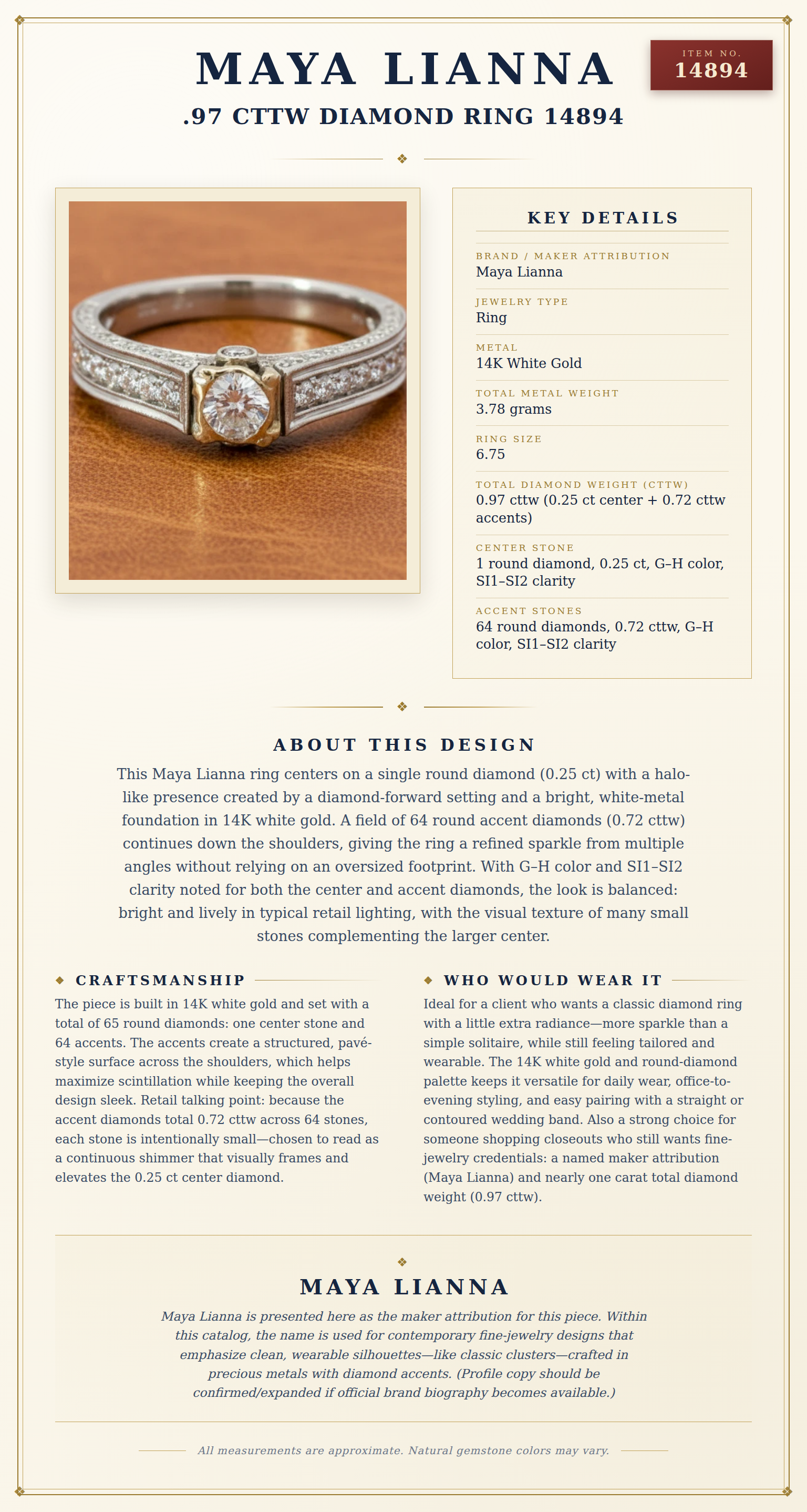 Maya Lianna .97 cttw Diamond Ring 14894 — anatomy card