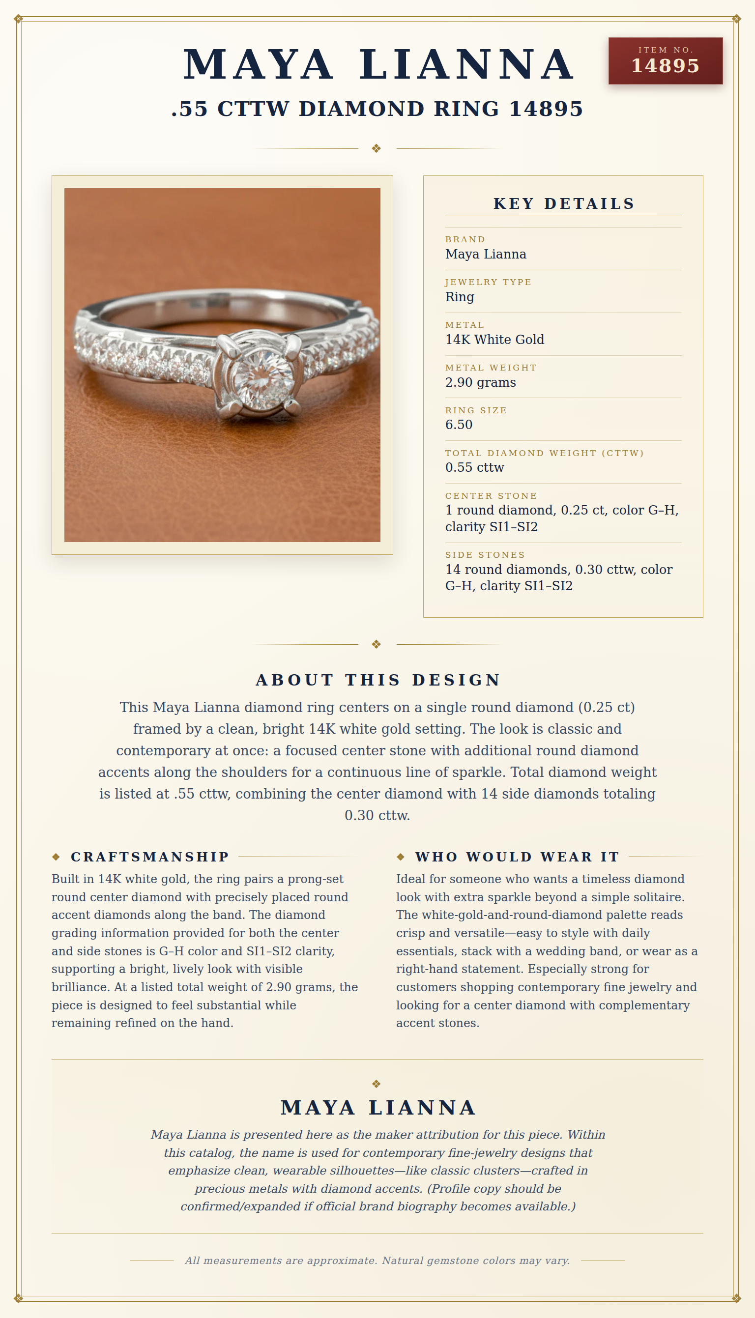 Maya Lianna .55 cttw Diamond Ring 14895 — anatomy card